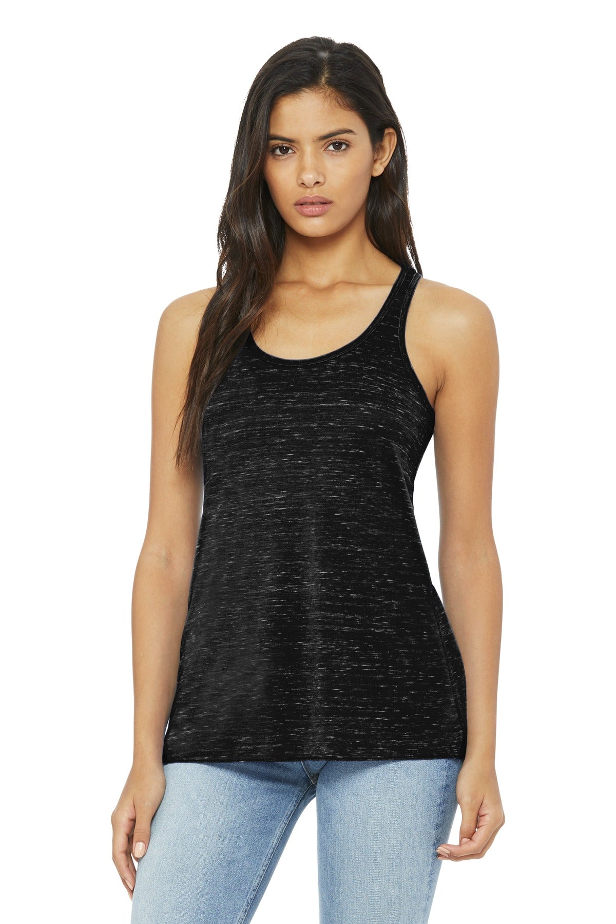 Front View of Black Marble BELLA+CANVAS Women's Flowy Racerback Tank. BC8800