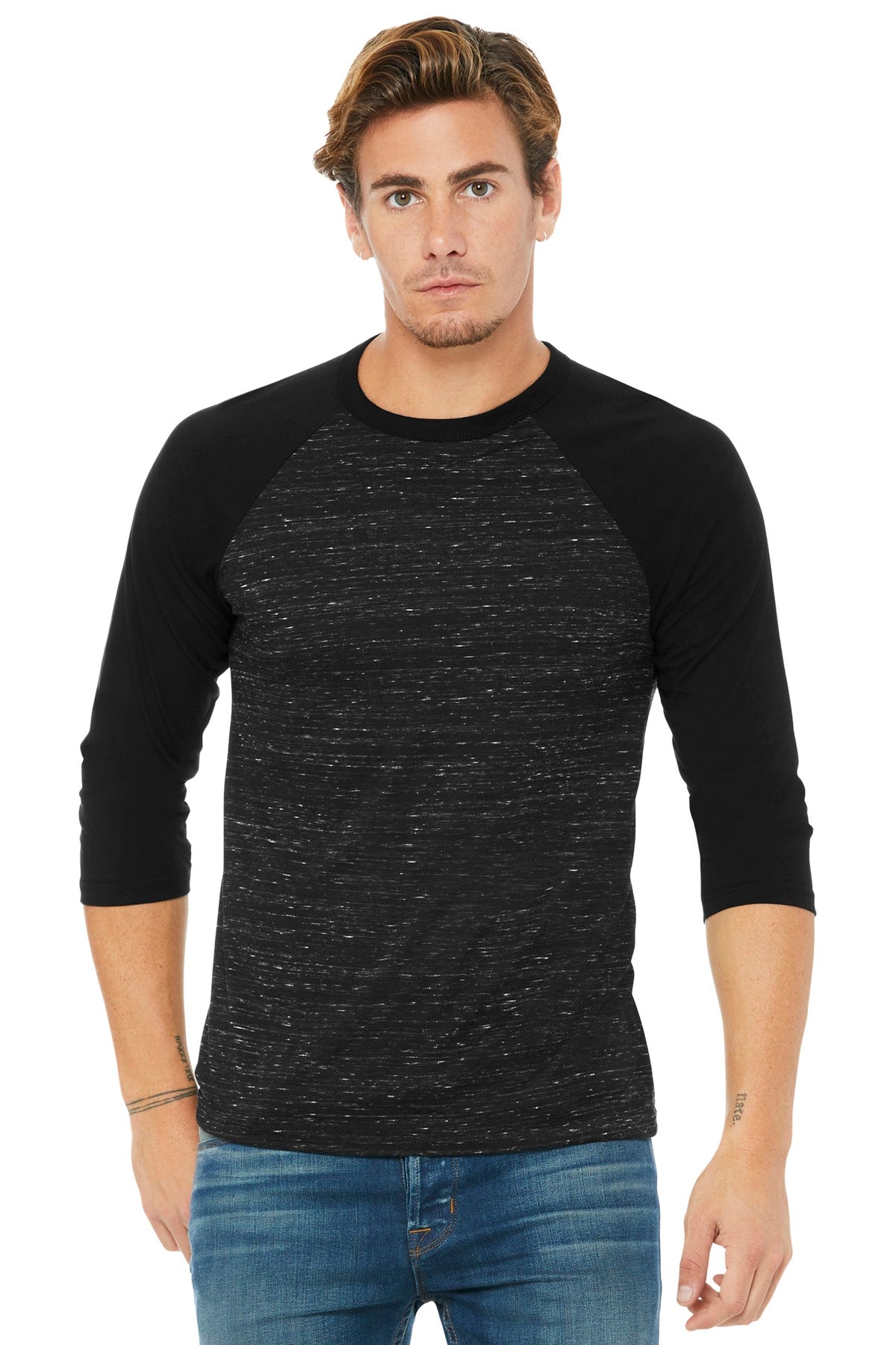 Front View of Blck Marb/Blk BELLA+CANVAS Unisex 3/4-Sleeve Baseball Tee. BC3200