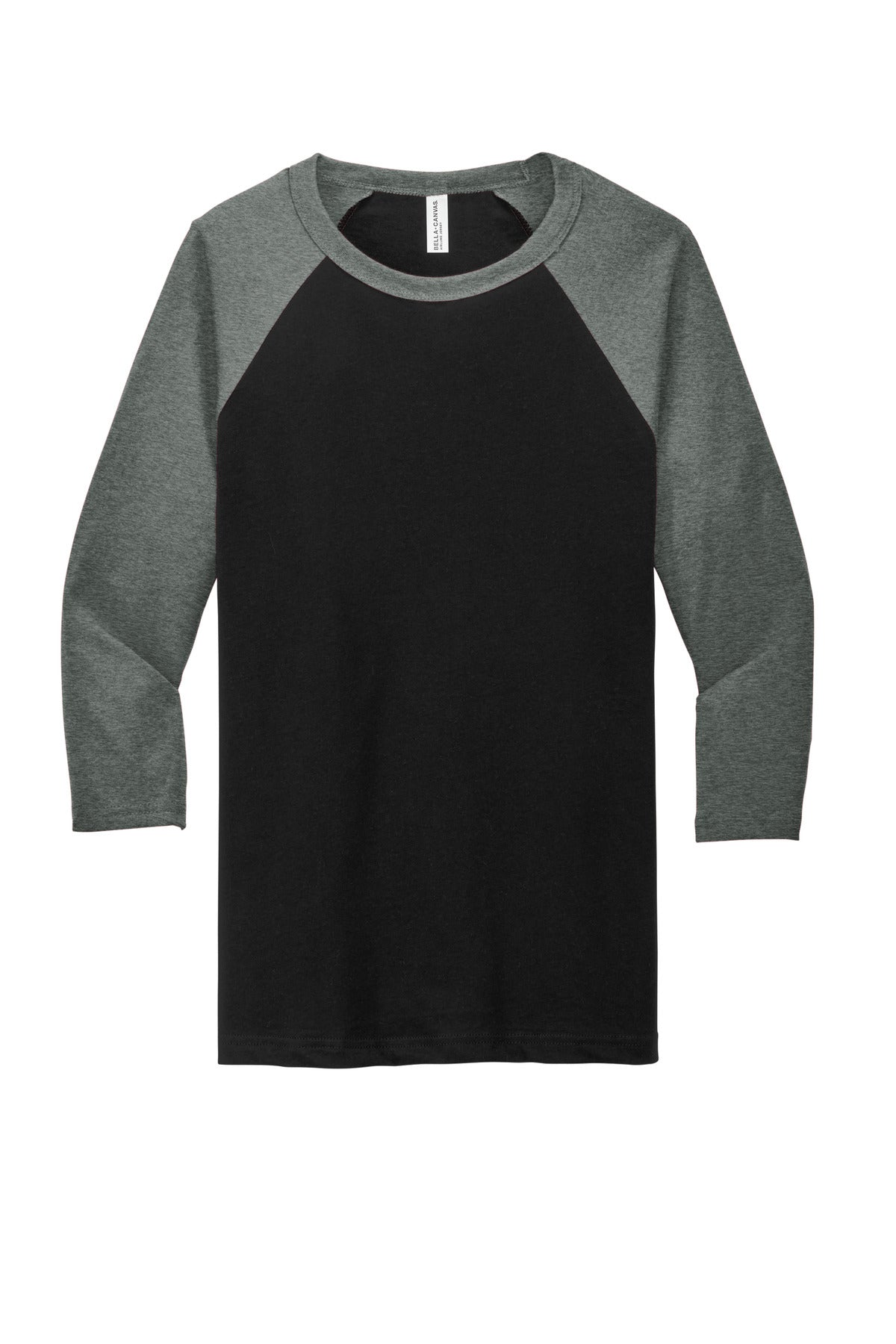 Front View of Blck/Deep Ht BELLA+CANVAS Unisex 3/4-Sleeve Baseball Tee. BC3200