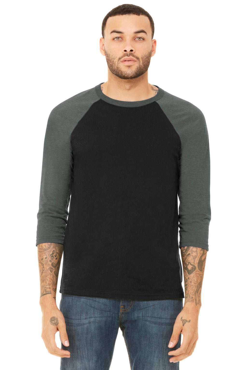 Front View of Blck/Deep Ht BELLA+CANVAS Unisex 3/4-Sleeve Baseball Tee. BC3200
