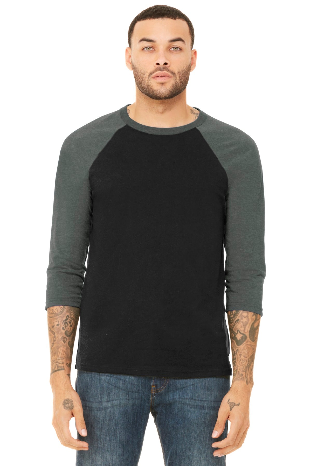 Front View of Blck/Deep Ht BELLA+CANVAS Unisex 3/4-Sleeve Baseball Tee. BC3200