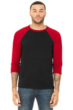 Front View of Blck/Red BELLA+CANVAS Unisex 3/4-Sleeve Baseball Tee. BC3200