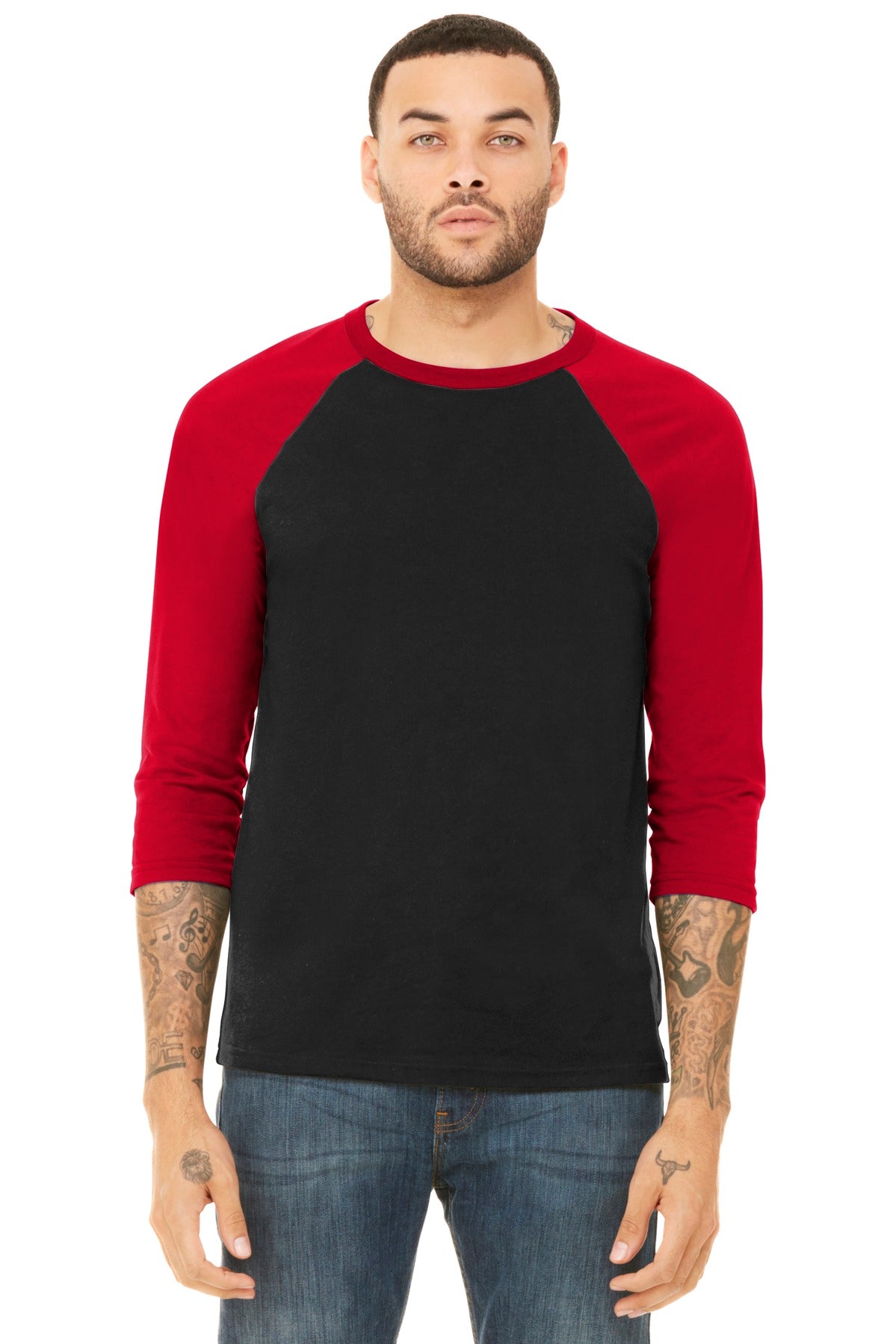 Front View of Blck/Red BELLA+CANVAS Unisex 3/4-Sleeve Baseball Tee. BC3200