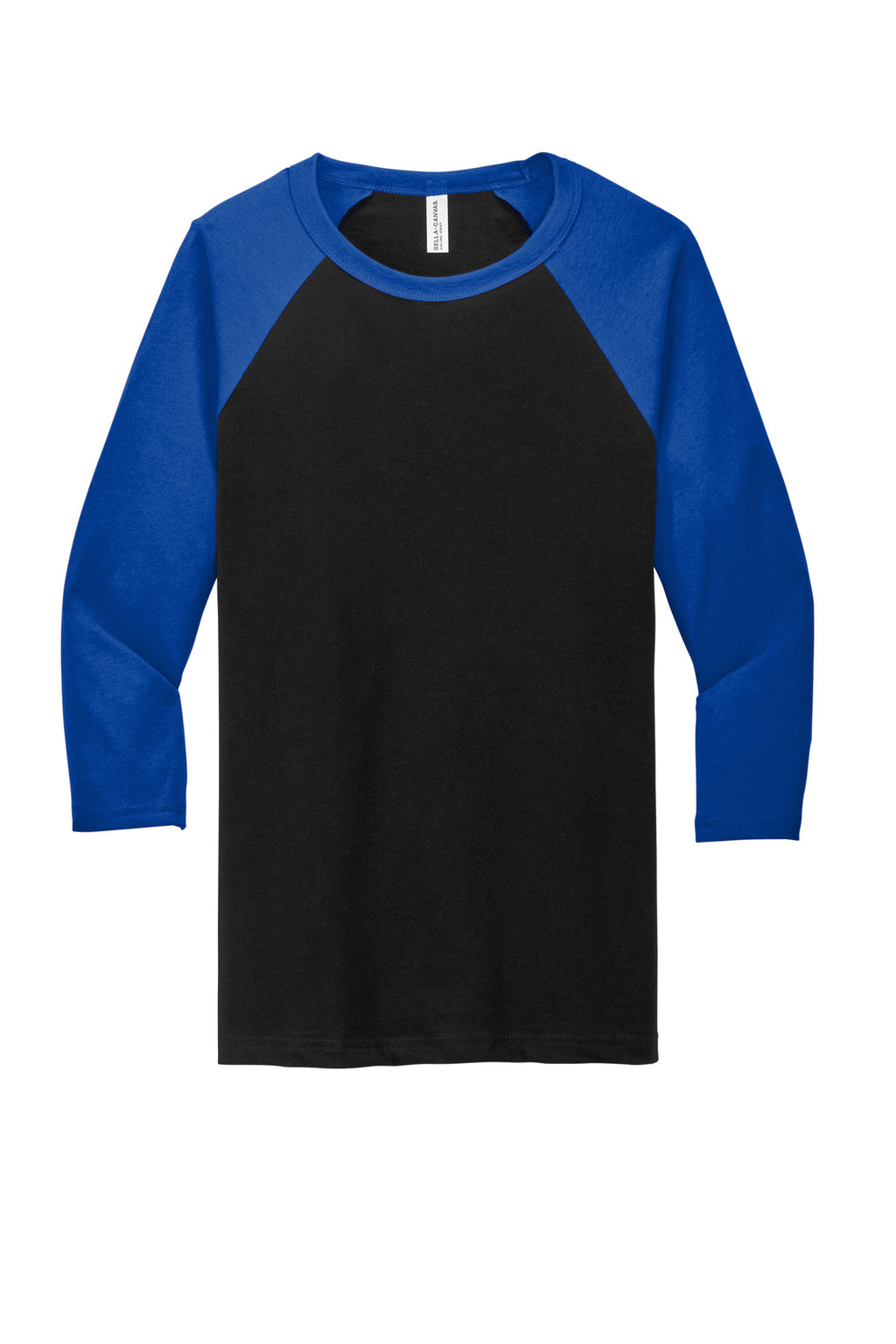 Front View of Blck/True Ryal BELLA+CANVAS Unisex 3/4-Sleeve Baseball Tee. BC3200