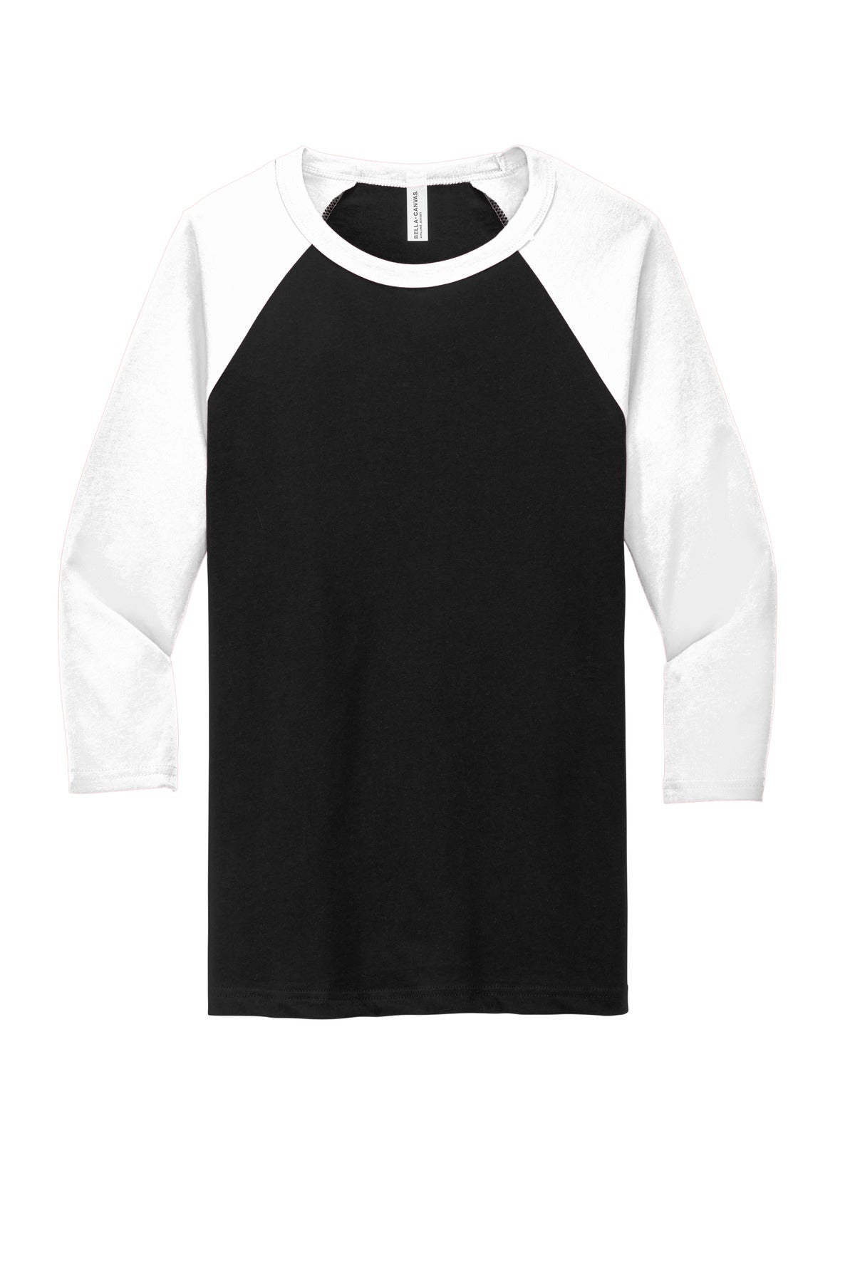 Front View of Blck/White BELLA+CANVAS Unisex 3/4-Sleeve Baseball Tee. BC3200