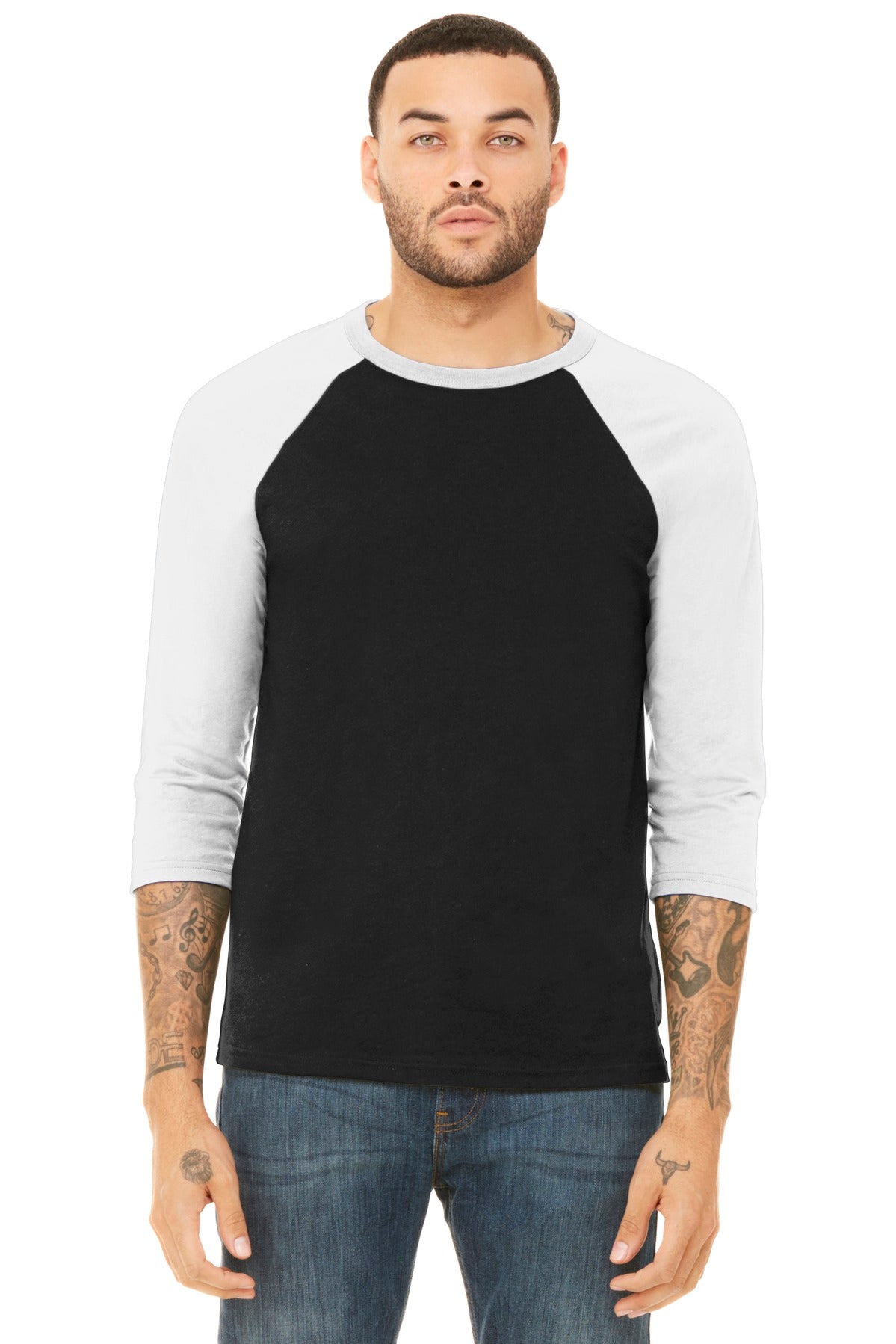 Front View of Blck/White BELLA+CANVAS Unisex 3/4-Sleeve Baseball Tee. BC3200