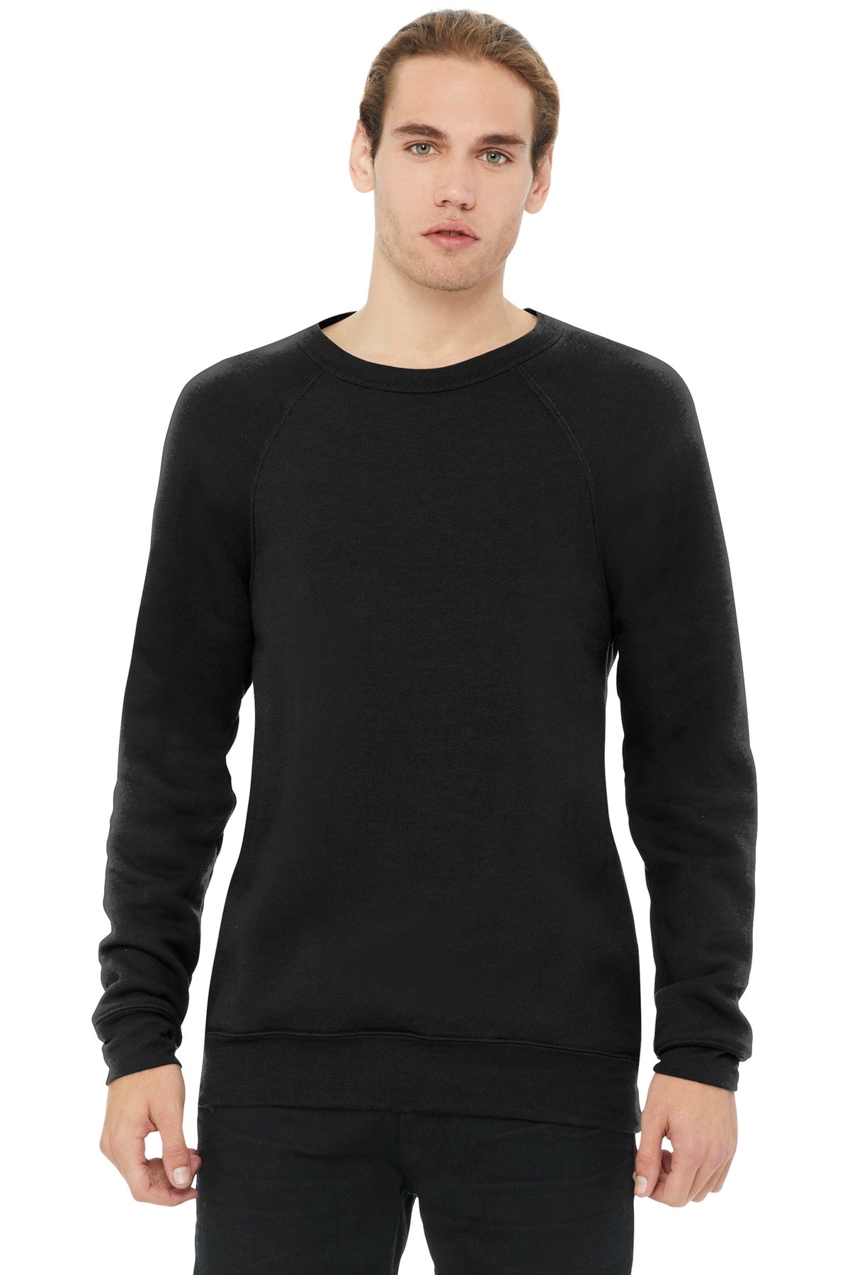 Front View of Blk Poly-Cttn BELLA+CANVAS Unisex Sponge Fleece Raglan Sweatshirt. BC3901
