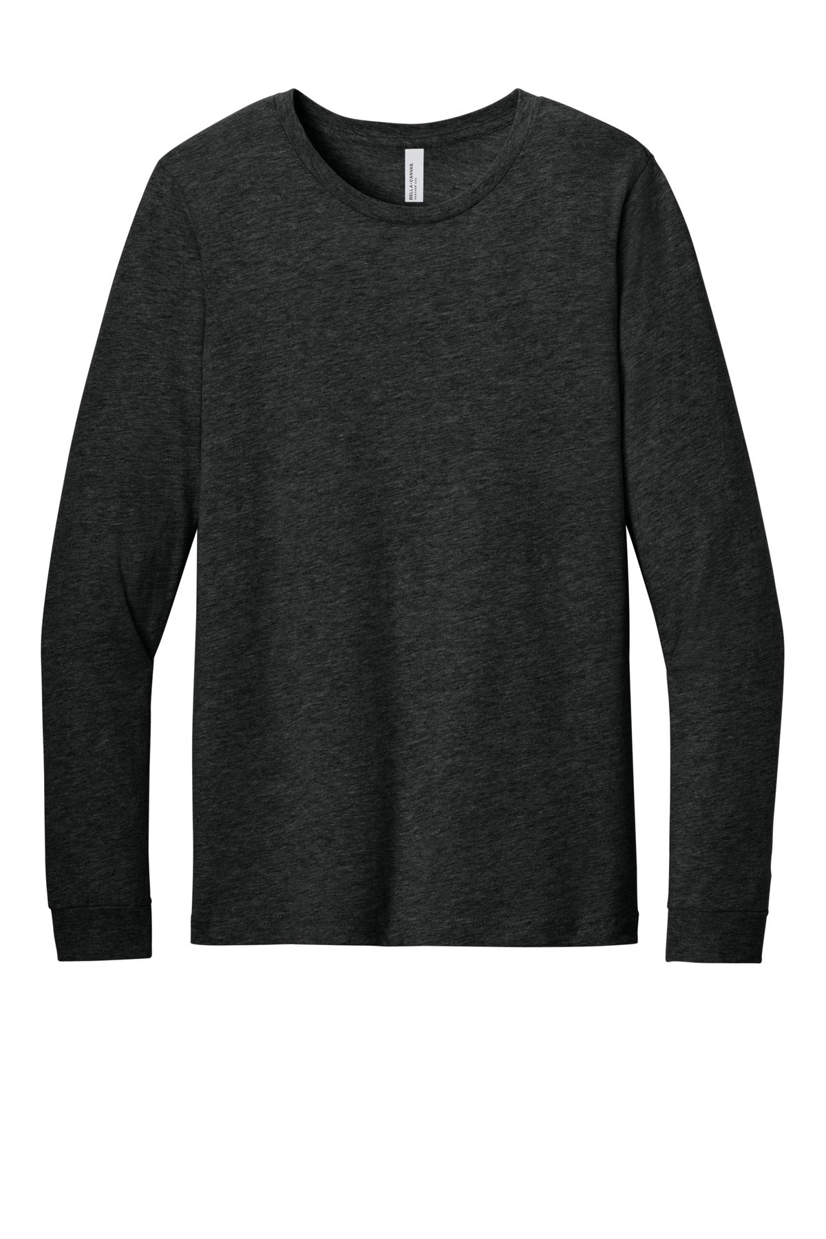 Front View of BlkHthr BELLA+CANVAS Unisex Heather CVC Long Sleeve Tee BC3501CVC