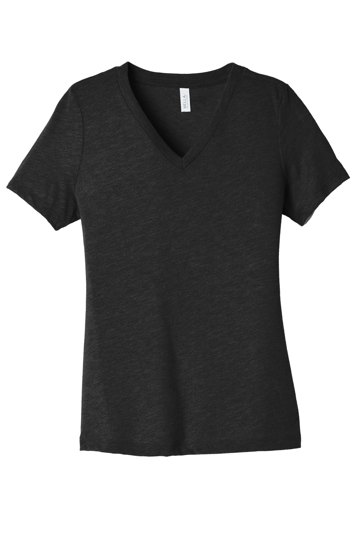 Front View of BlkHthr BELLA+CANVAS Women's Relaxed Heather CVC V-Neck Tee BC6405CVC