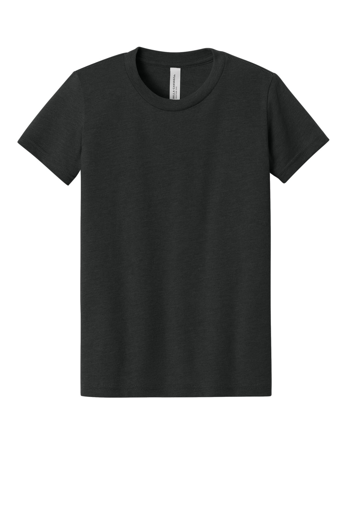 Front View of BlkHthr BELLA+CANVAS Youth Heather CVC Tee BC3001YCVC
