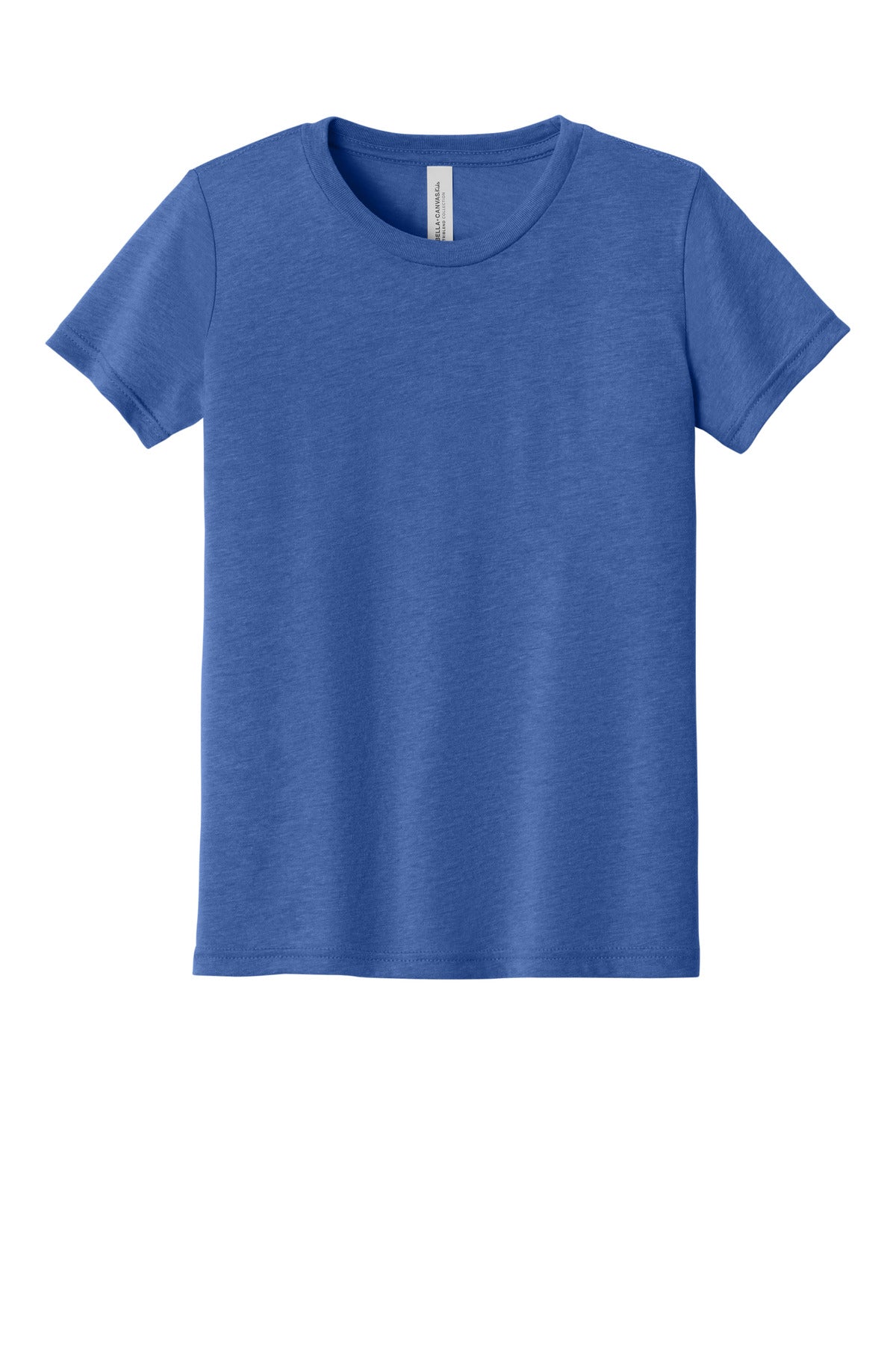 Front View of Blue TB BELLA+CANVAS Youth Triblend Short Sleeve Tee. BC3413Y