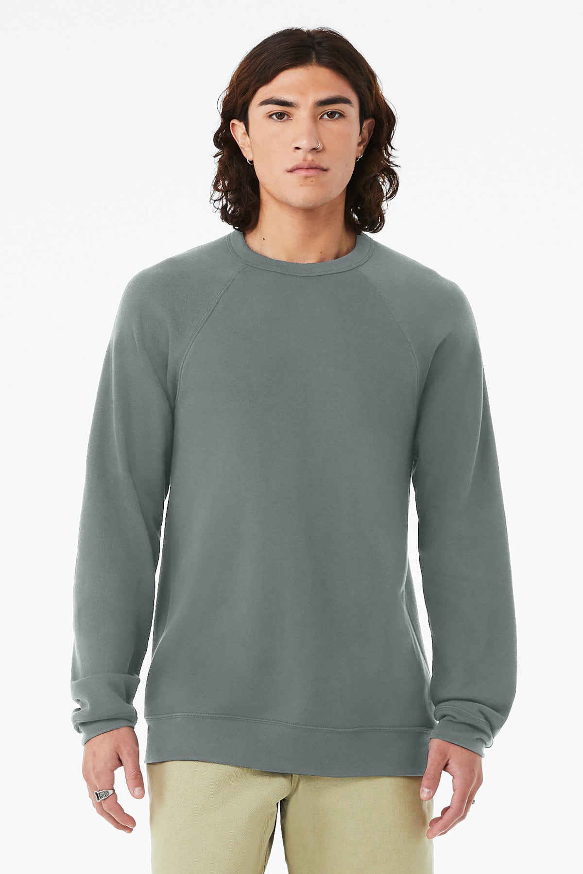 Front View of BlueStorm BELLA+CANVAS Unisex Sponge Fleece Raglan Sweatshirt. BC3901