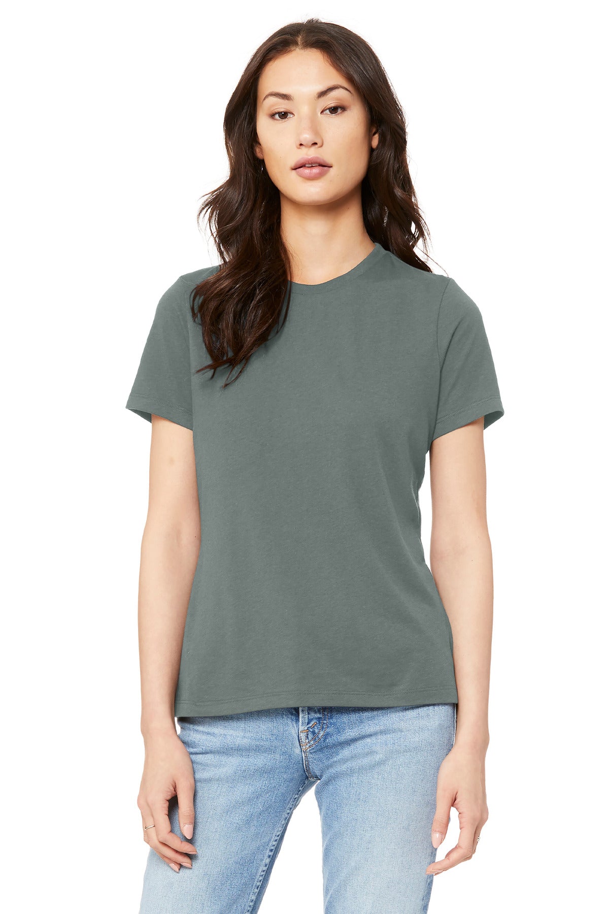 Front View of BlueStorm BELLA+CANVAS Women's Relaxed Jersey Short Sleeve Tee. BC6400