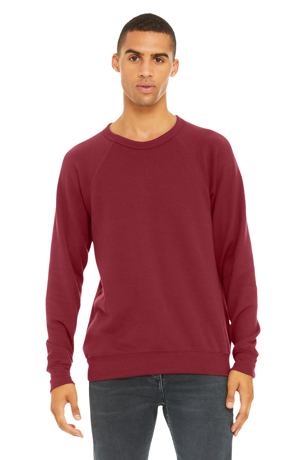 Front View of Cardinal BELLA+CANVAS Unisex Sponge Fleece Raglan Sweatshirt. BC3901
