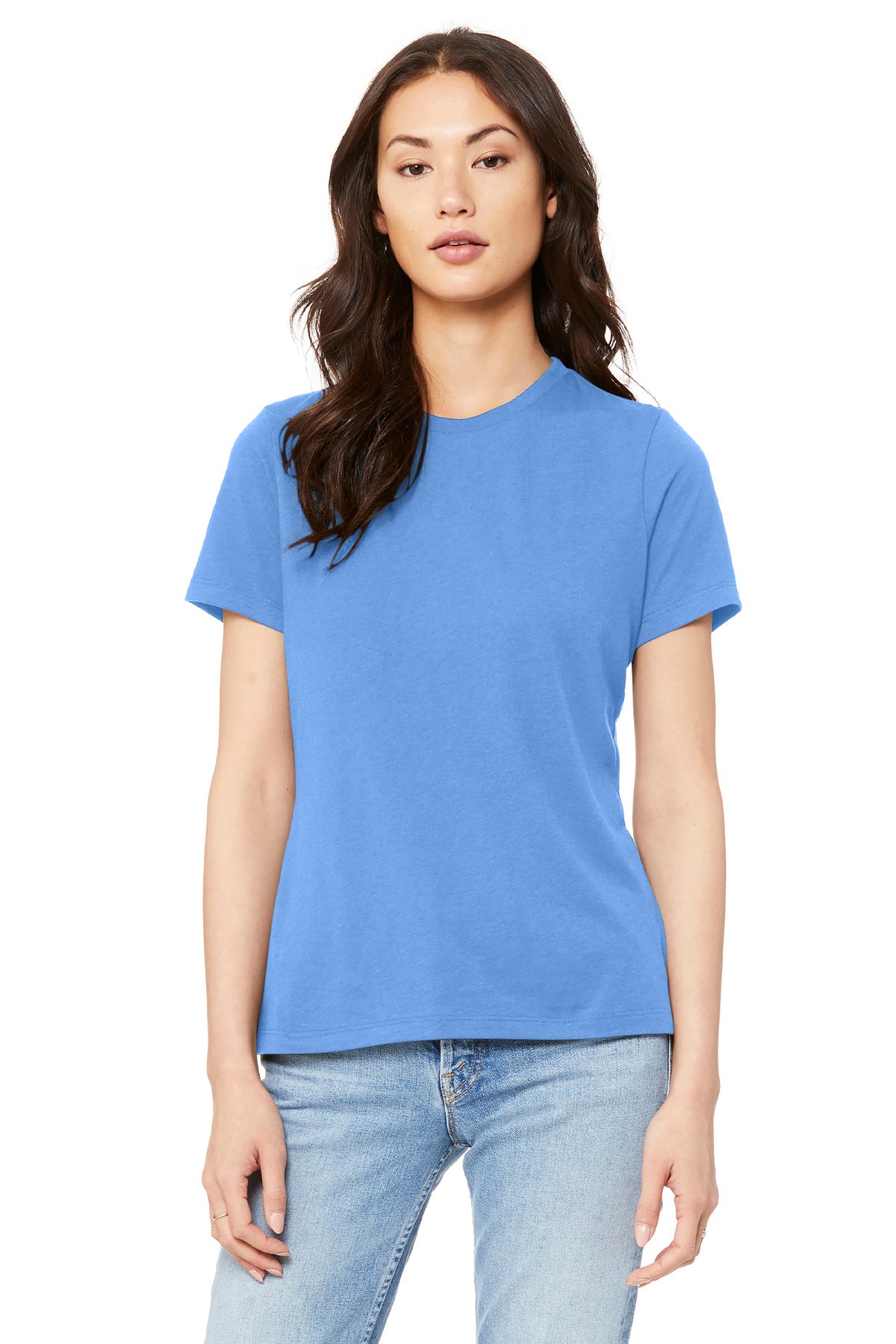 Front View of CarolinaBl BELLA+CANVAS Women's Relaxed Jersey Short Sleeve Tee. BC6400