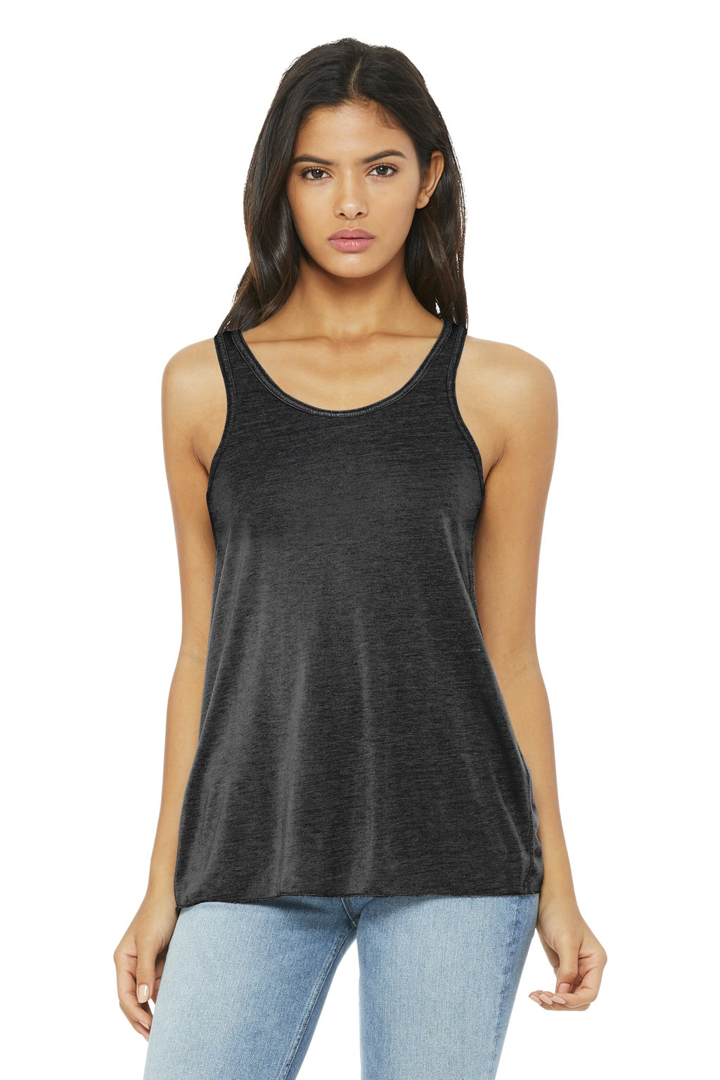 Front View of Char Blk Slub BELLA+CANVAS Women's Flowy Racerback Tank. BC8800