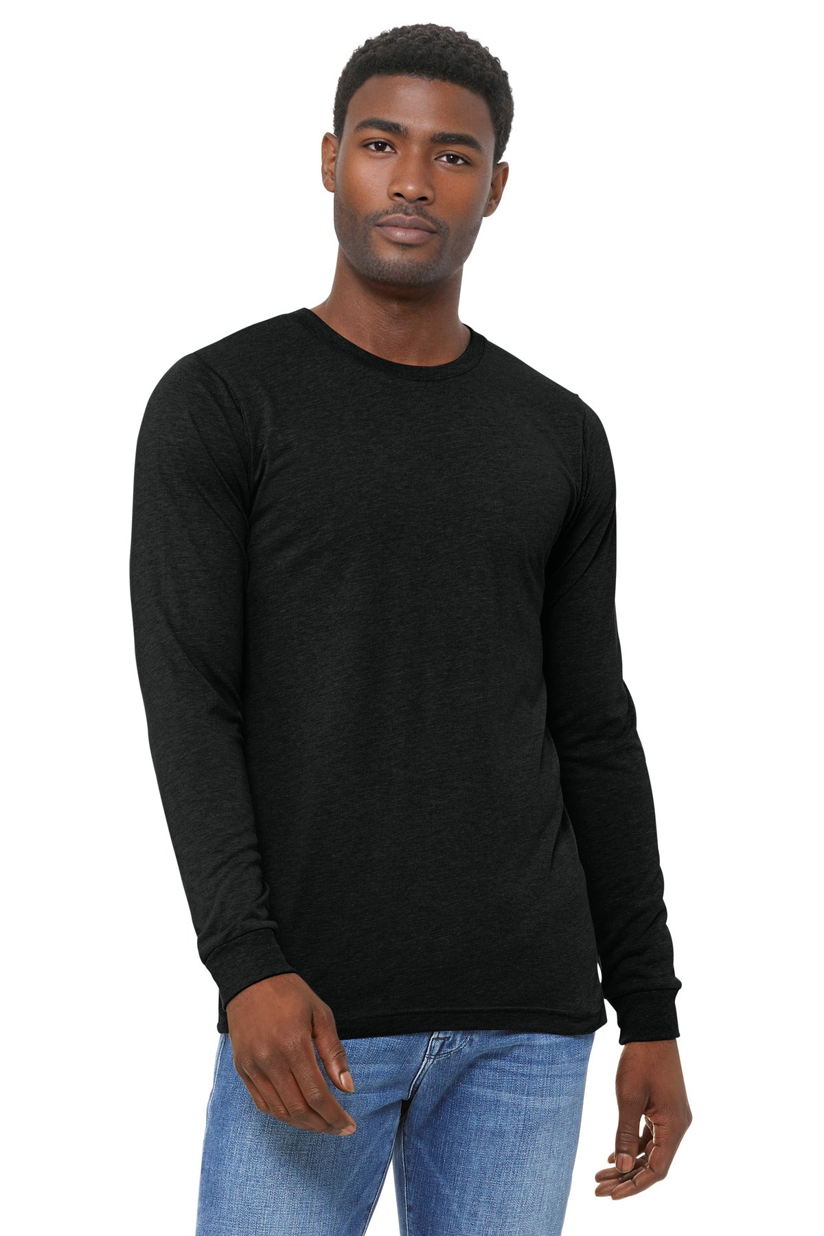 Front View of CharBlkTB BELLA+CANVAS Unisex Triblend Long Sleeve Tee BC3513