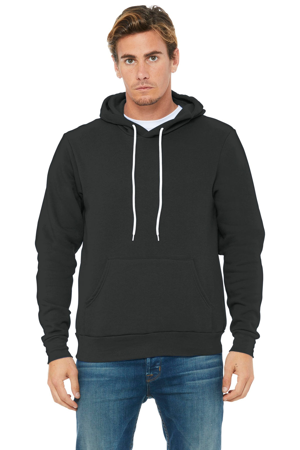 Front View of Dark Grey BELLA+CANVAS Unisex Sponge Fleece Pullover Hoodie. BC3719