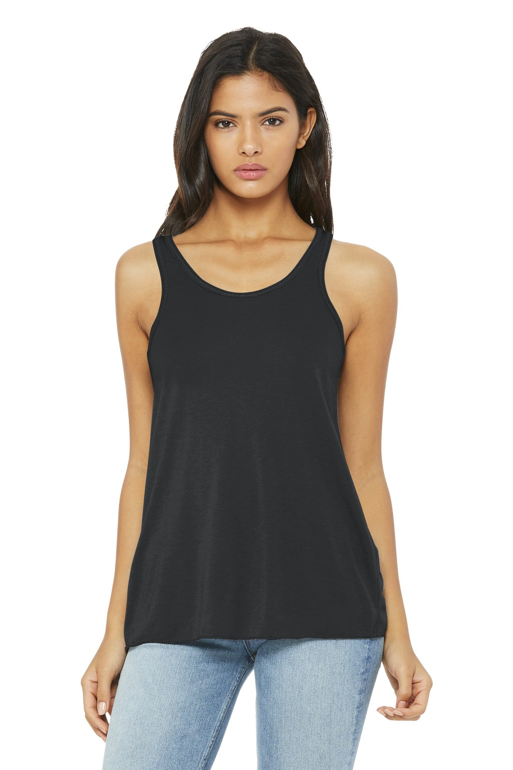 Front View of Dark Grey BELLA+CANVAS Women's Flowy Racerback Tank. BC8800