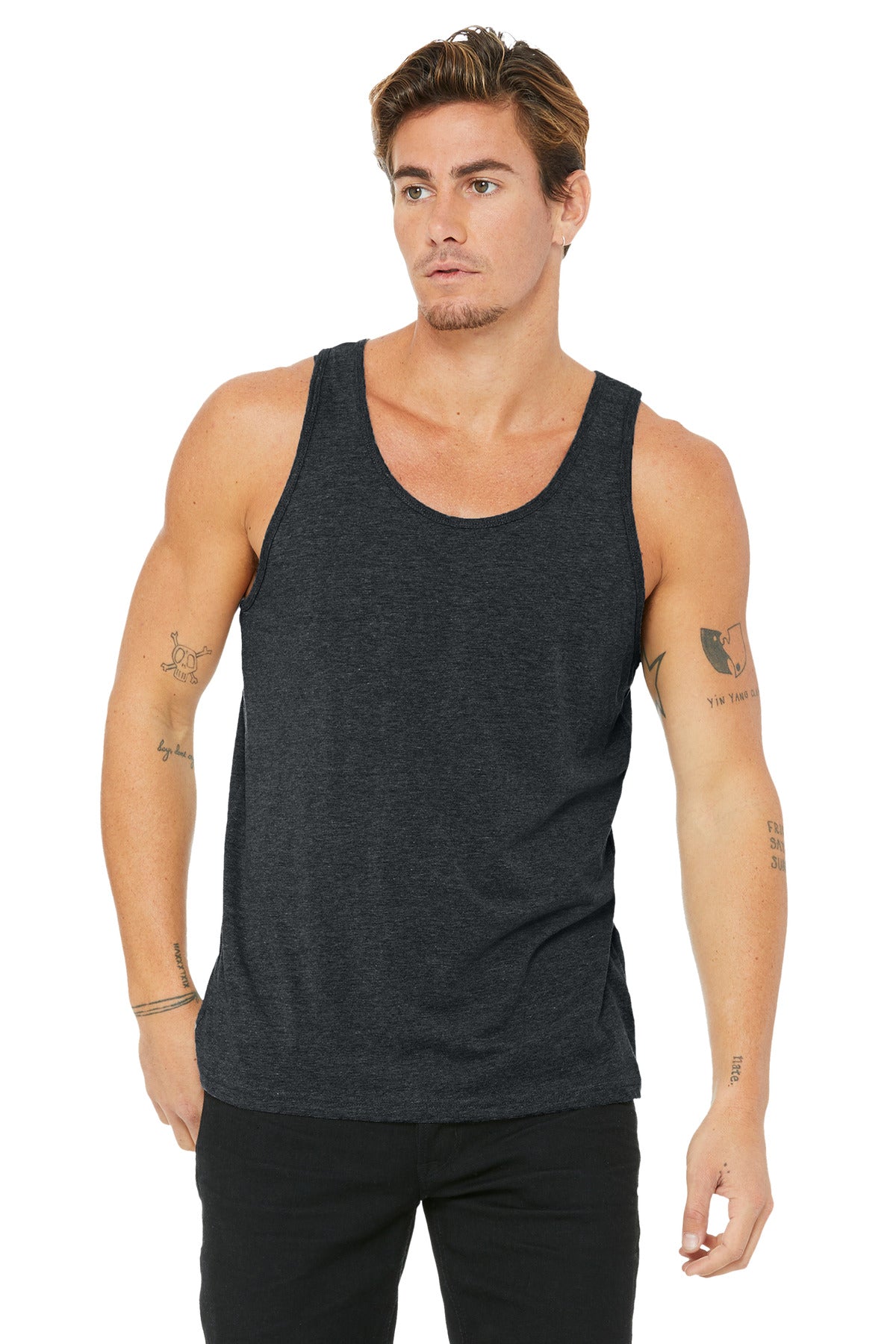 Front View of Dark Grey Ht BELLA+CANVAS Unisex Jersey Tank. BC3480