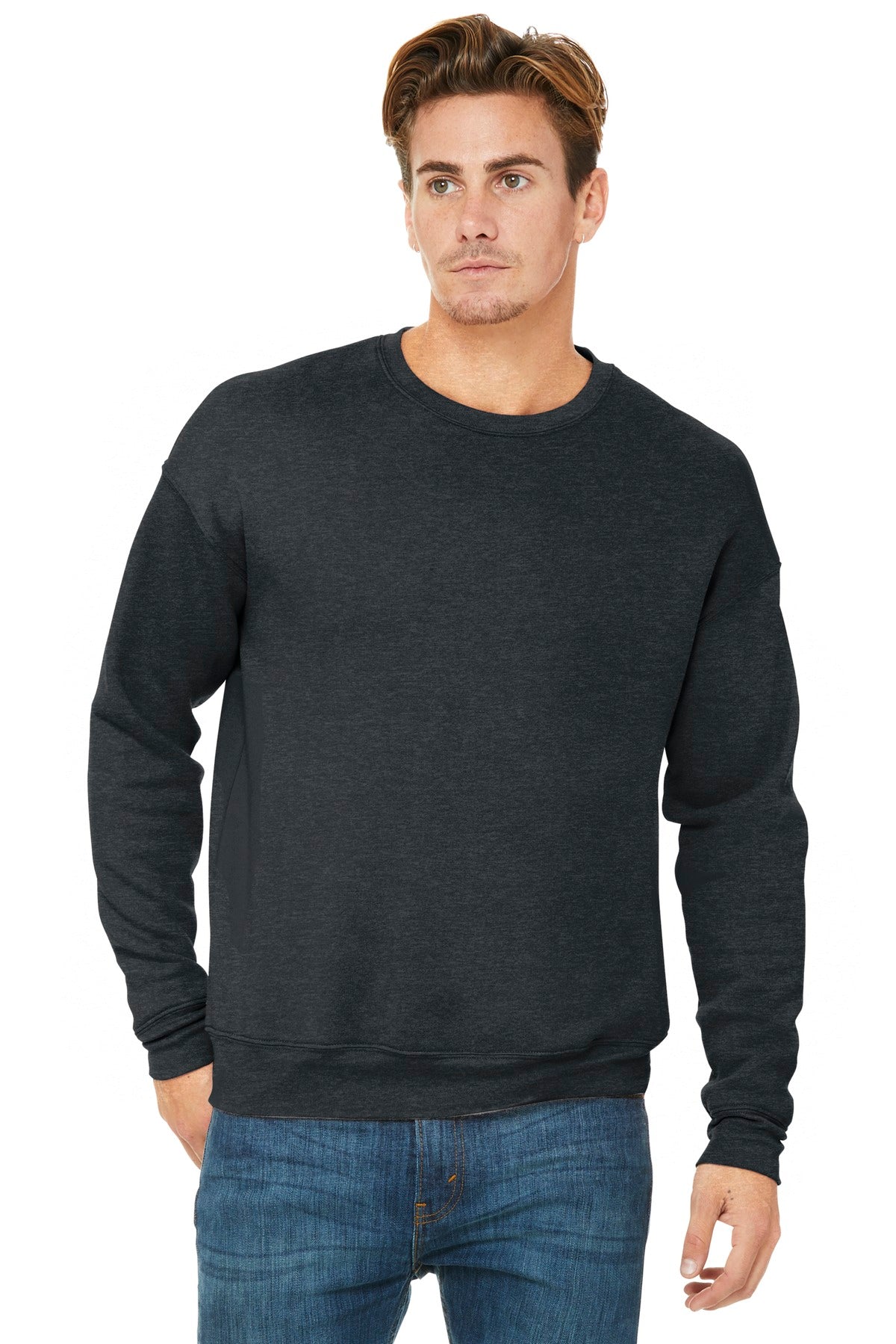 Front View of Dark Grey Ht BELLA+CANVAS Unisex Sponge Fleece Drop Shoulder Sweatshirt. BC3945