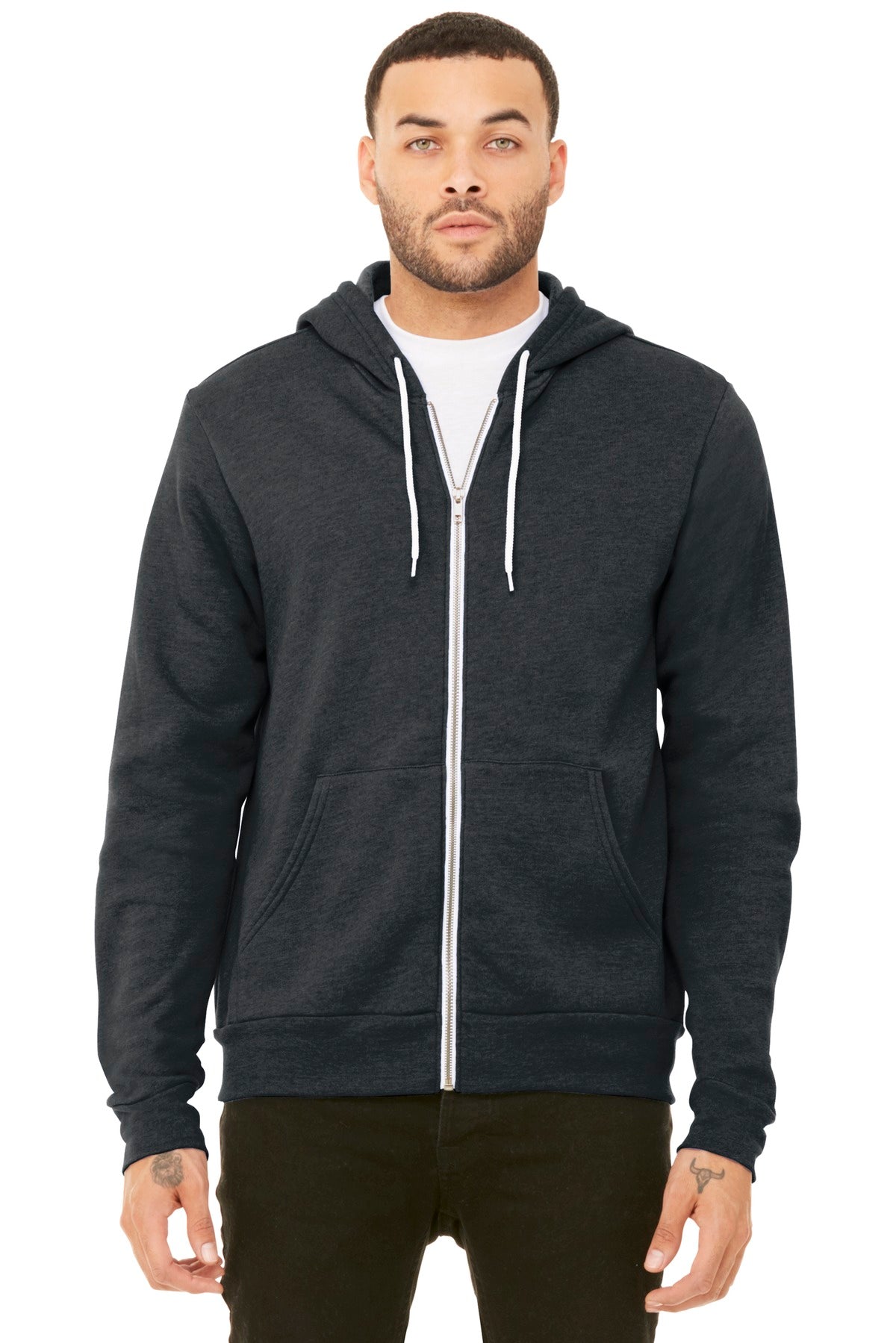 Front View of Dark Grey Ht BELLA+CANVAS Unisex Sponge Fleece Full-Zip Hoodie. BC3739