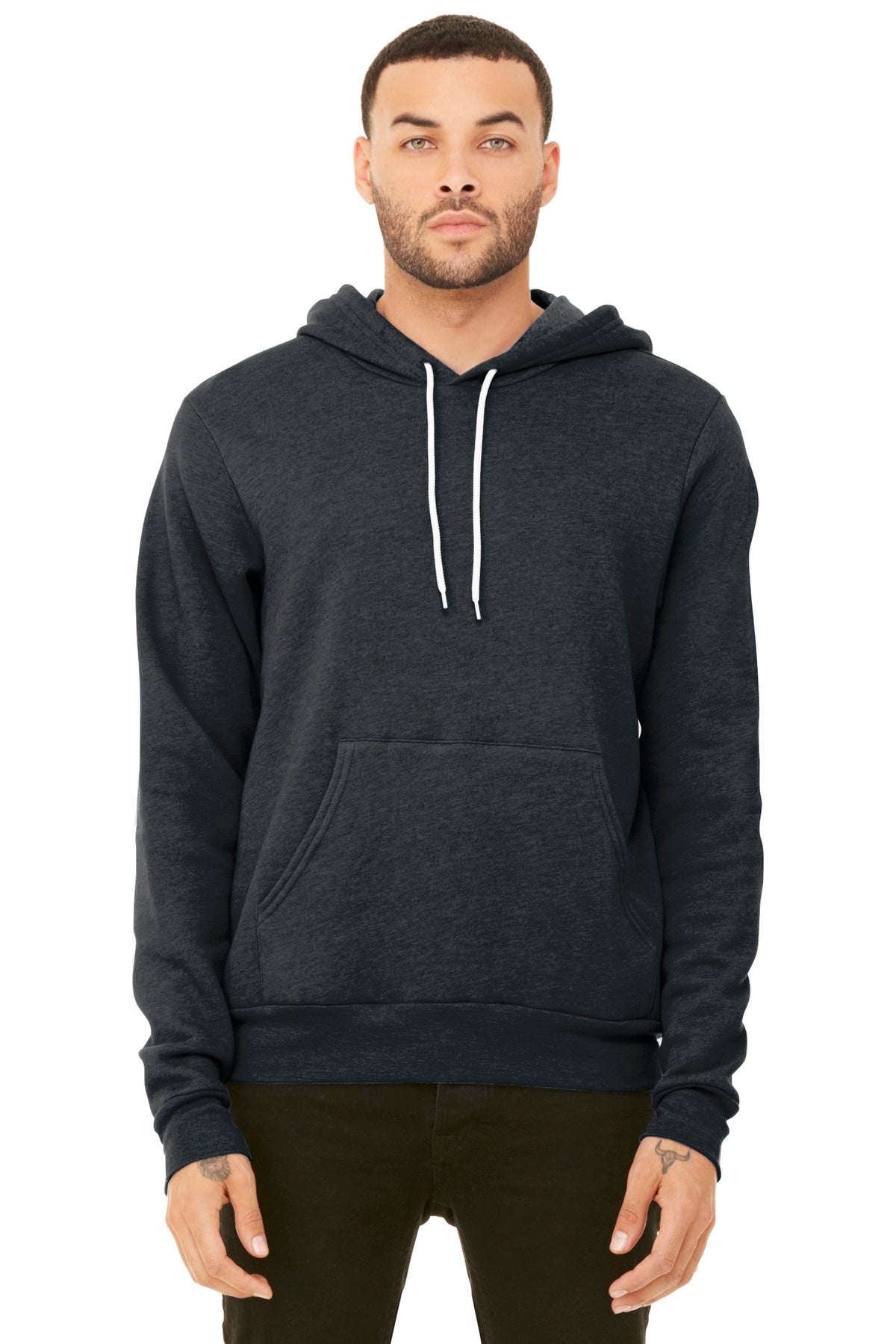 Front View of Dark Grey Ht BELLA+CANVAS Unisex Sponge Fleece Pullover Hoodie. BC3719