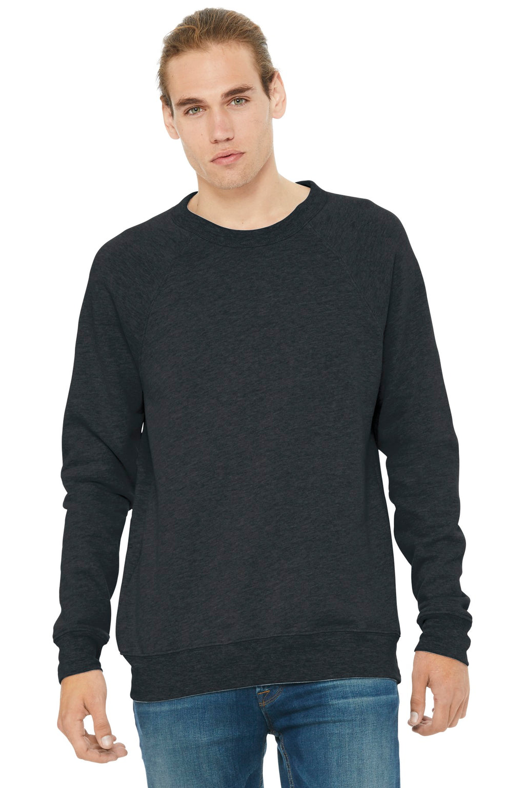 Front View of Dark Grey Ht BELLA+CANVAS Unisex Sponge Fleece Raglan Sweatshirt. BC3901