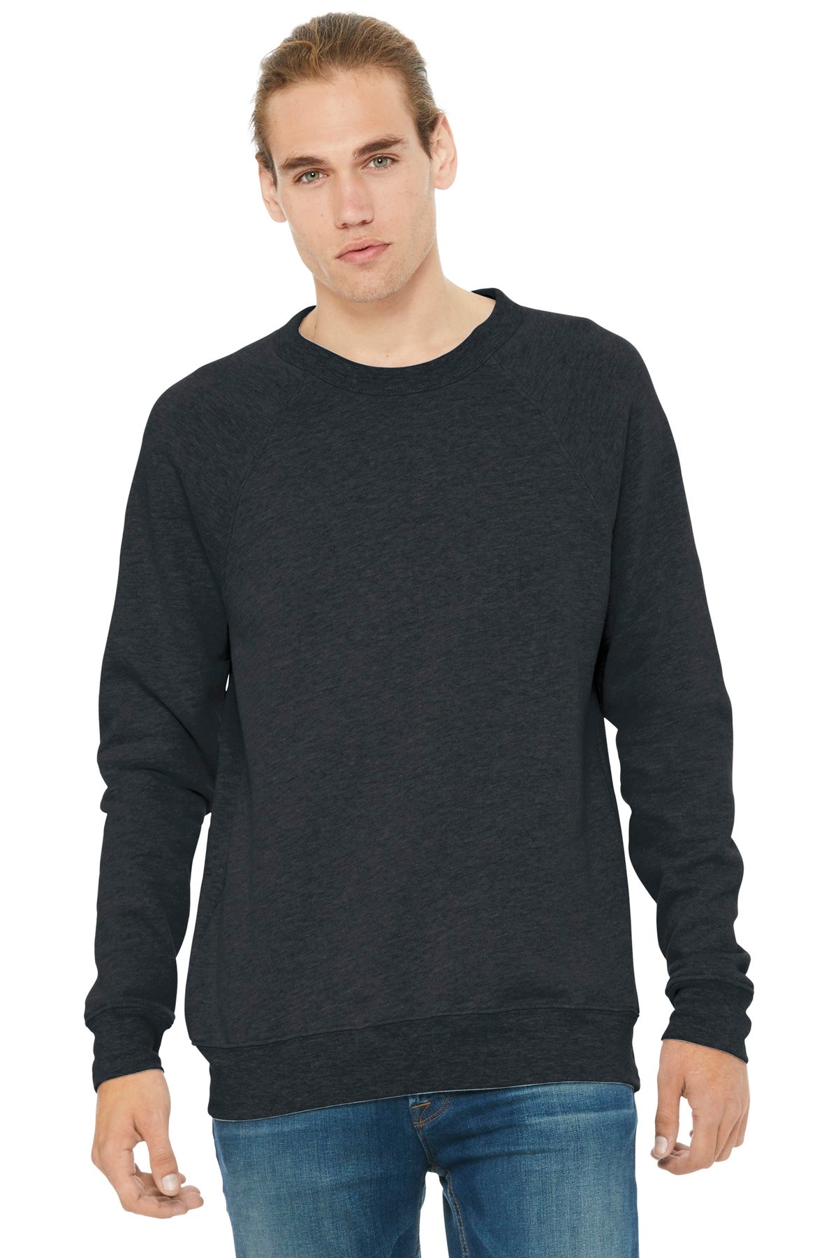 Front View of Dark Grey Ht BELLA+CANVAS Unisex Sponge Fleece Raglan Sweatshirt. BC3901