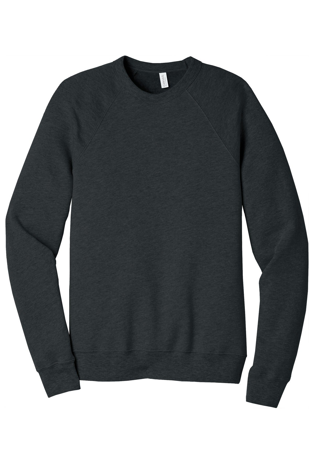 Front View of Dark Grey Ht BELLA+CANVAS Unisex Sponge Fleece Raglan Sweatshirt. BC3901