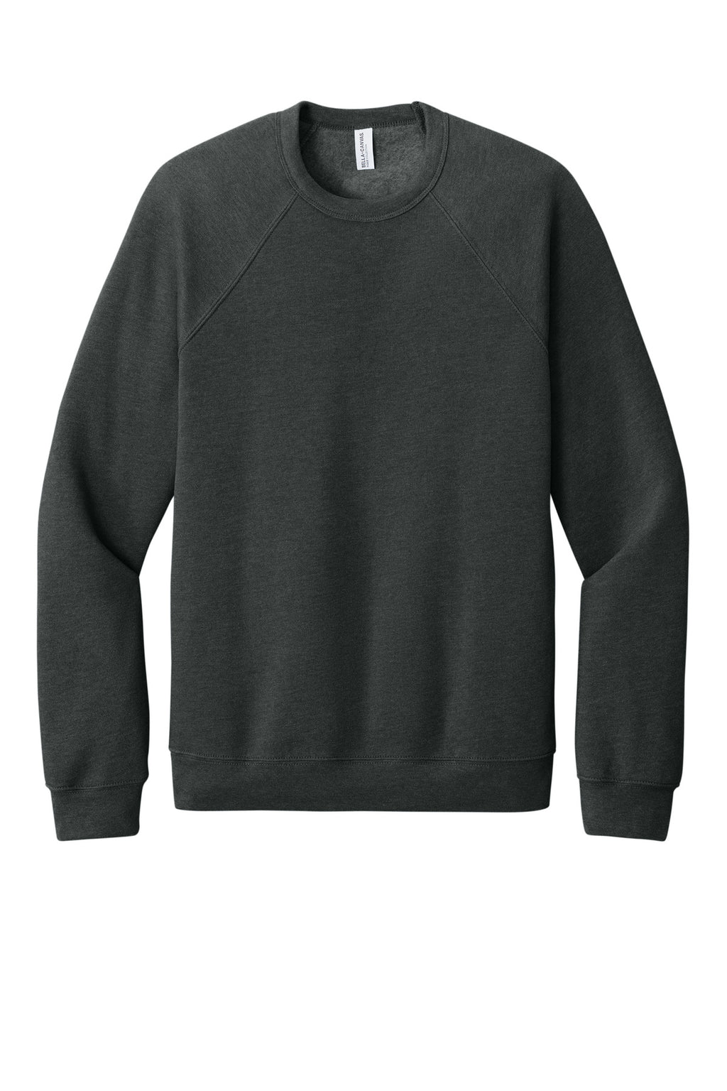 Front View of Dark Grey Ht BELLA+CANVAS Unisex Sponge Fleece Raglan Sweatshirt. BC3901