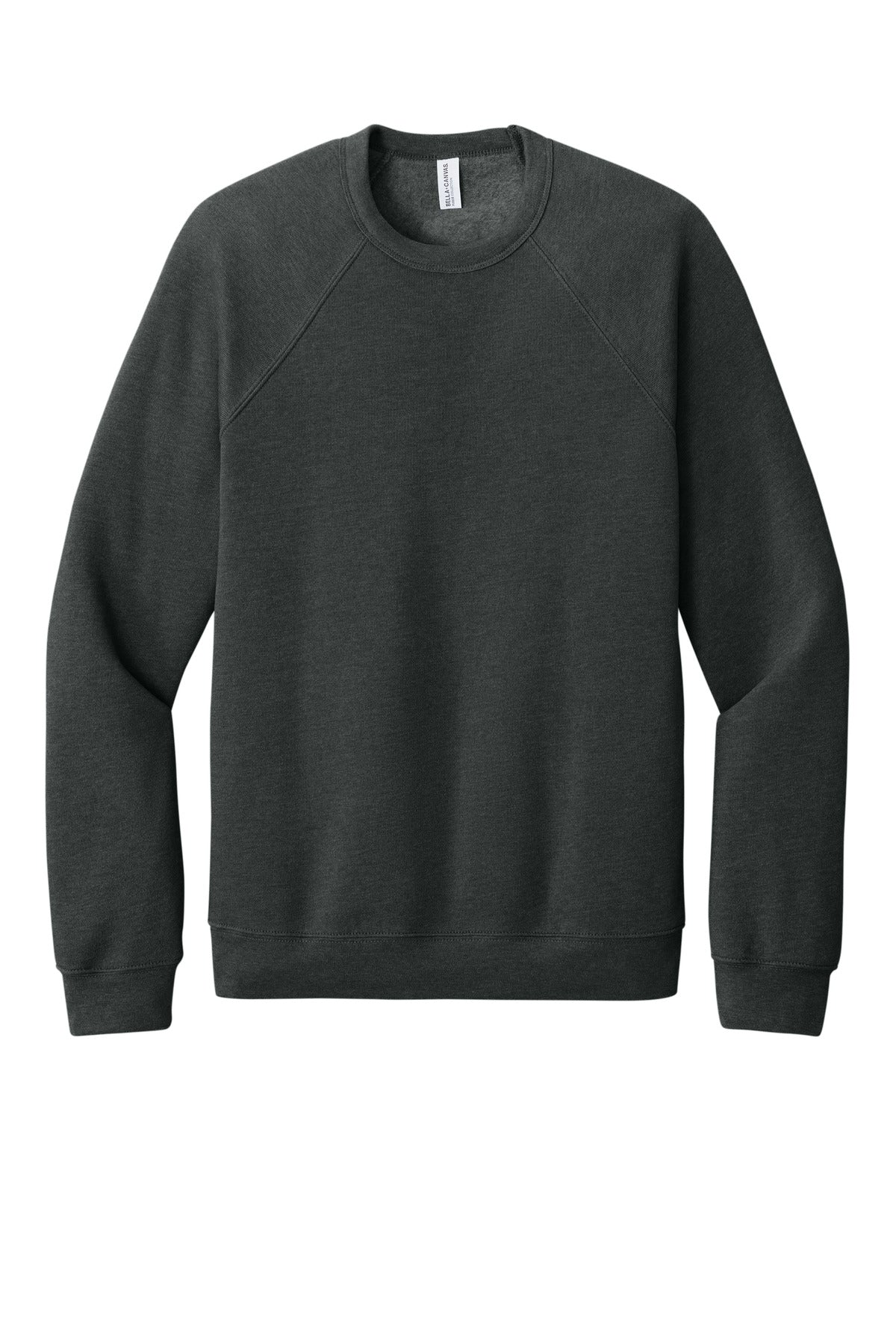 Front View of Dark Grey Ht BELLA+CANVAS Unisex Sponge Fleece Raglan Sweatshirt. BC3901