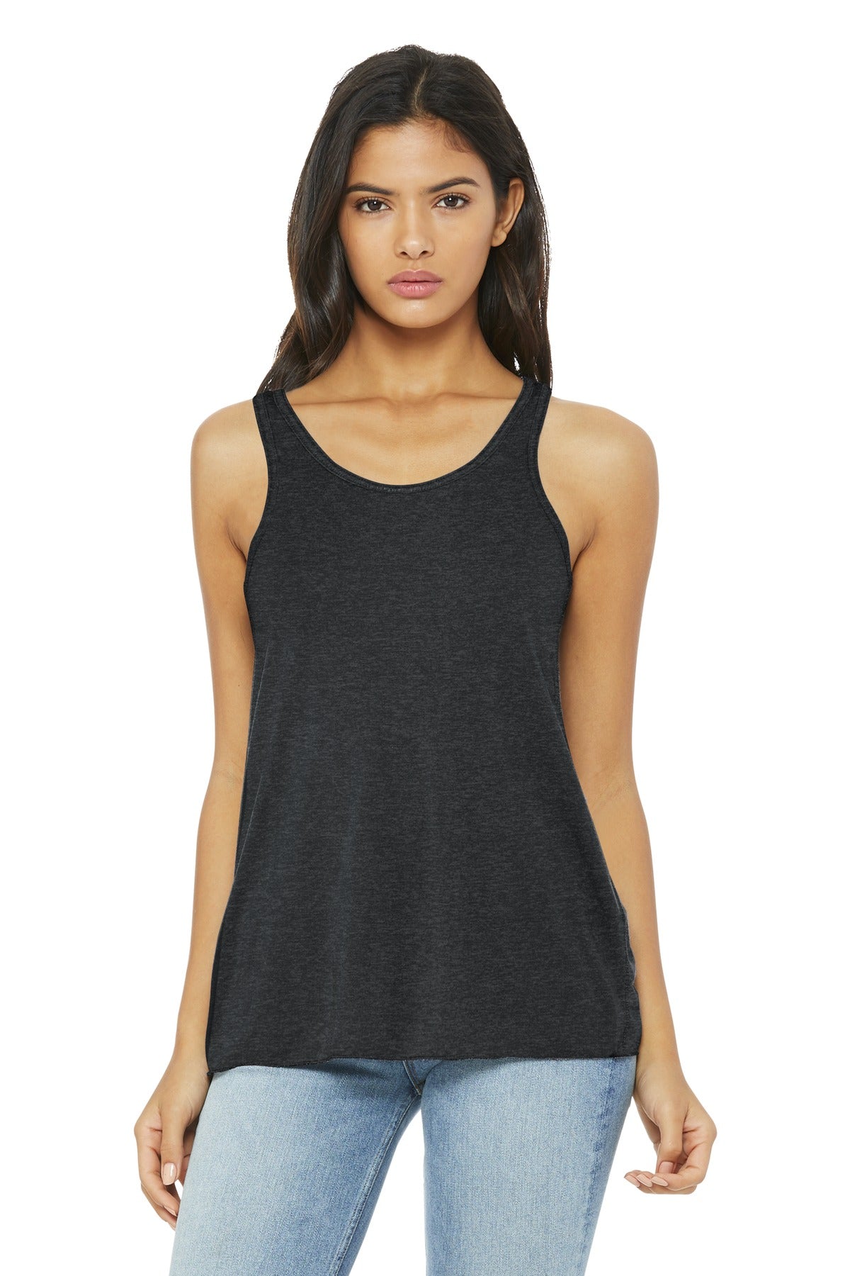 Front View of Dark Grey Ht BELLA+CANVAS Women's Flowy Racerback Tank. BC8800
