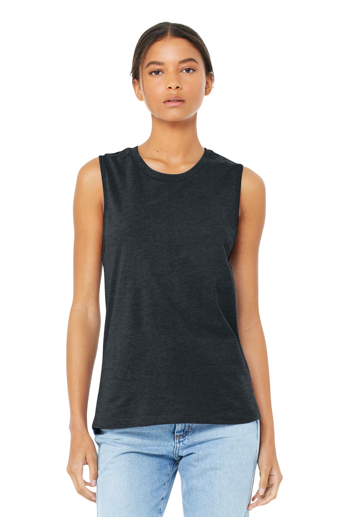 Front View of Dark Grey Ht BELLA+CANVAS Women's Jersey Muscle Tank. BC6003