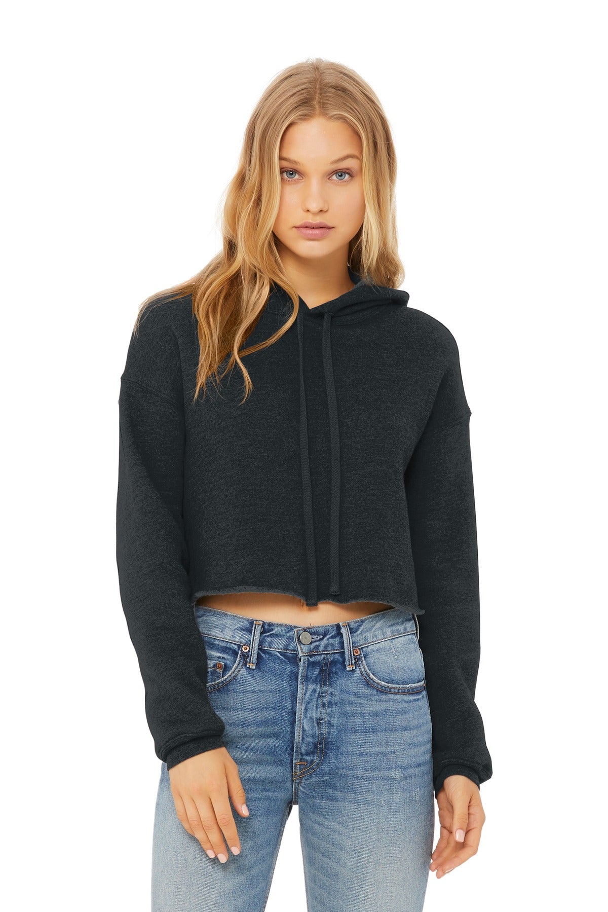 Front View of Dark Grey Ht BELLA+CANVAS Women's Sponge Fleece Cropped Fleece Hoodie. BC7502