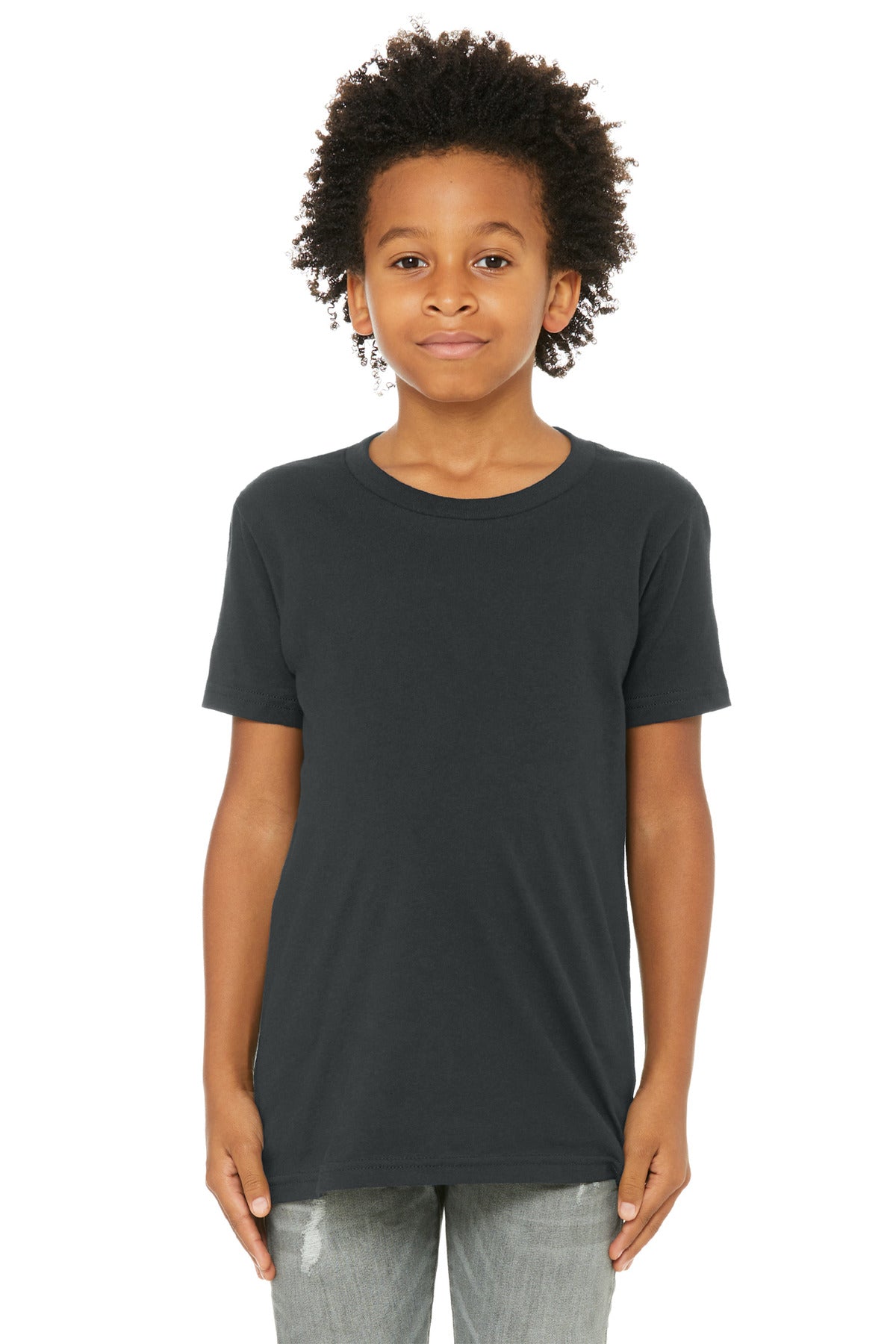 Front View of DarkGrey BELLA+CANVAS Youth Jersey Short Sleeve Tee. BC3001Y