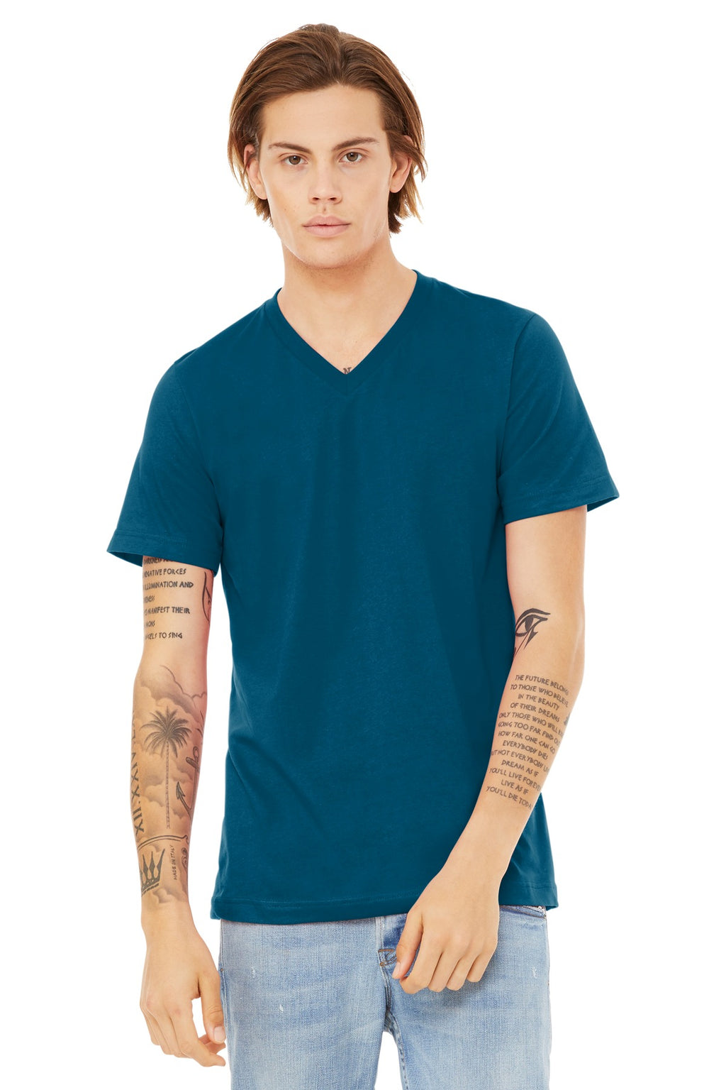 Front View of Deep Teal BELLA+CANVAS Unisex Jersey Short Sleeve V-Neck Tee. BC3005