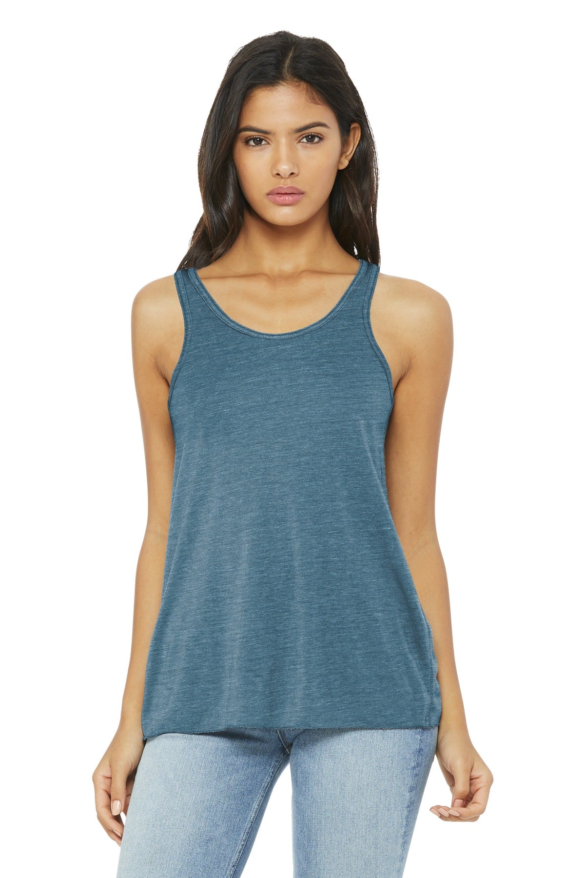 Front View of Denim Slub BELLA+CANVAS Women's Flowy Racerback Tank. BC8800