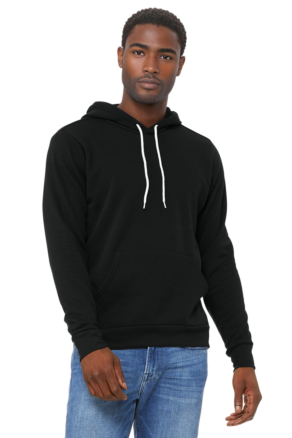Front View of DTG Black BELLA+CANVAS Unisex Sponge Fleece Pullover Hoodie. BC3719