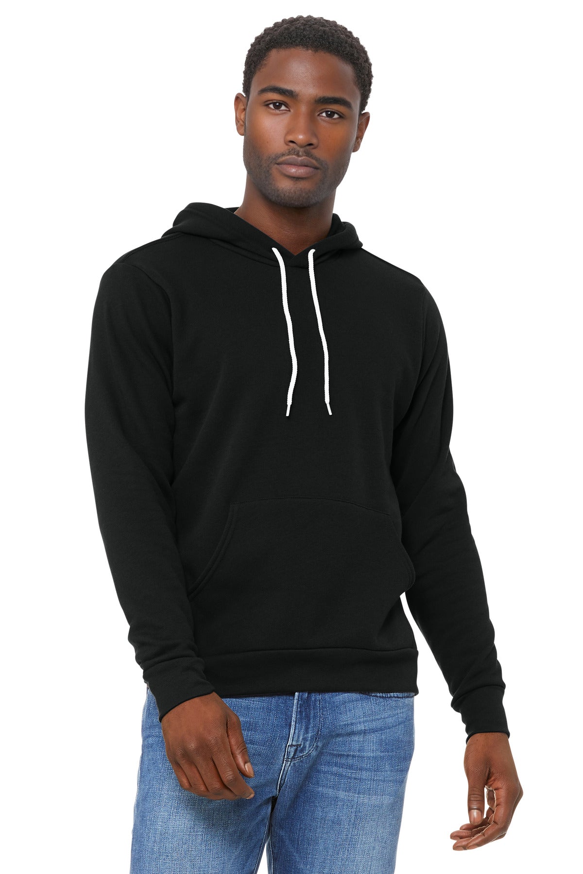 Front View of DTG Black BELLA+CANVAS Unisex Sponge Fleece Pullover Hoodie. BC3719