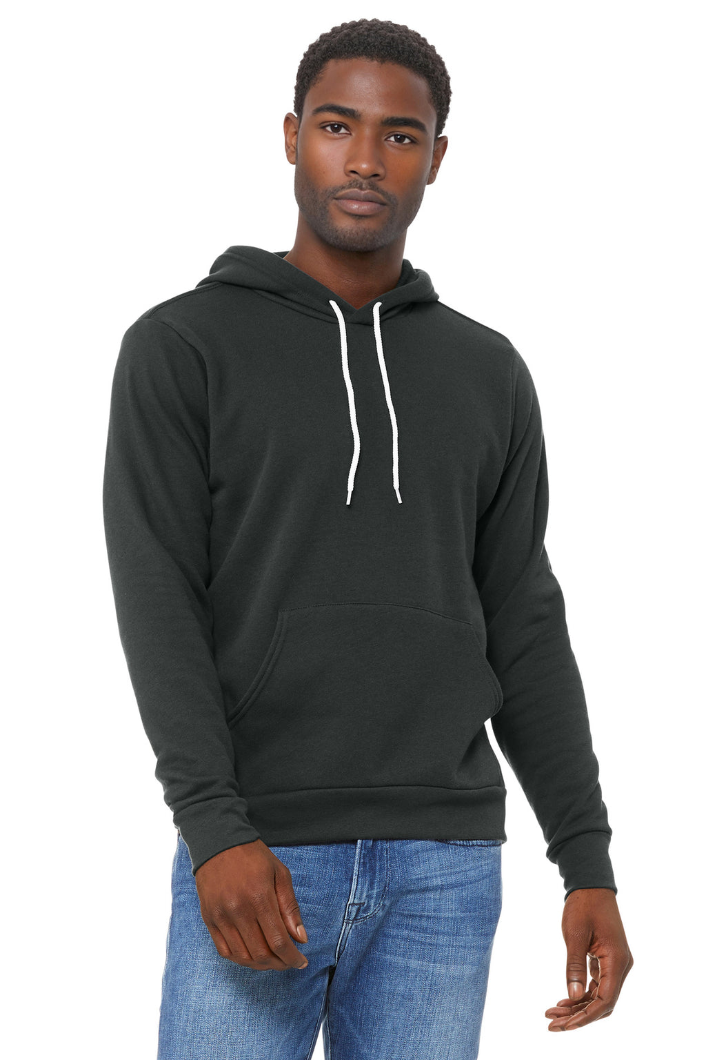 Front View of DTG Dark Grey BELLA+CANVAS Unisex Sponge Fleece Pullover Hoodie. BC3719