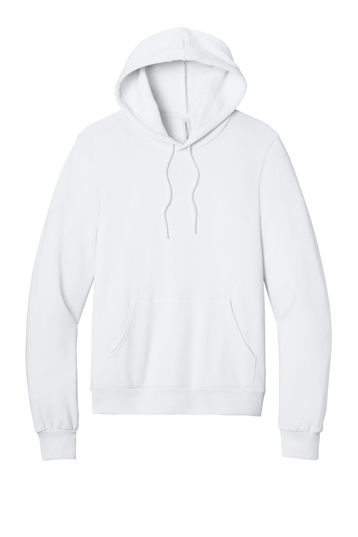 Front View of DTG White BELLA+CANVAS Unisex Sponge Fleece Pullover Hoodie. BC3719