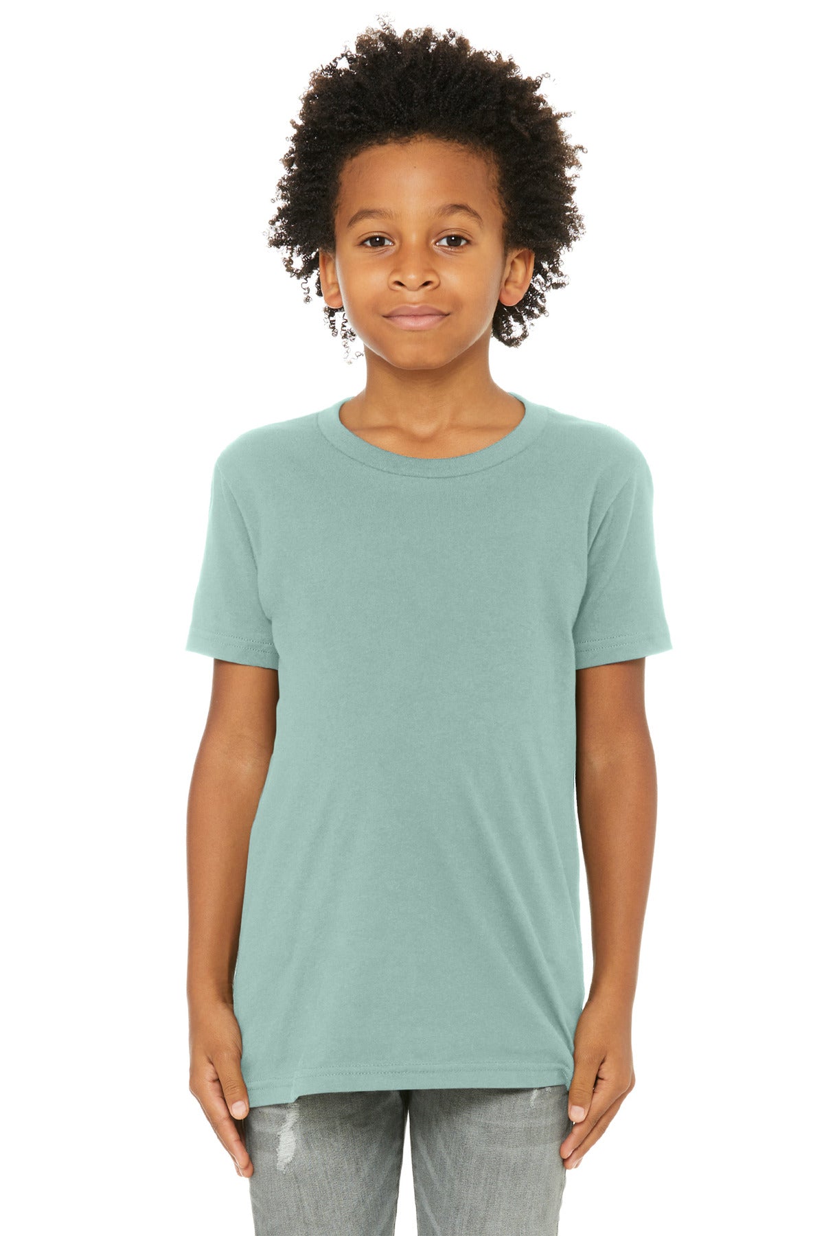 Front View of DustyBlue BELLA+CANVAS Youth Jersey Short Sleeve Tee. BC3001Y