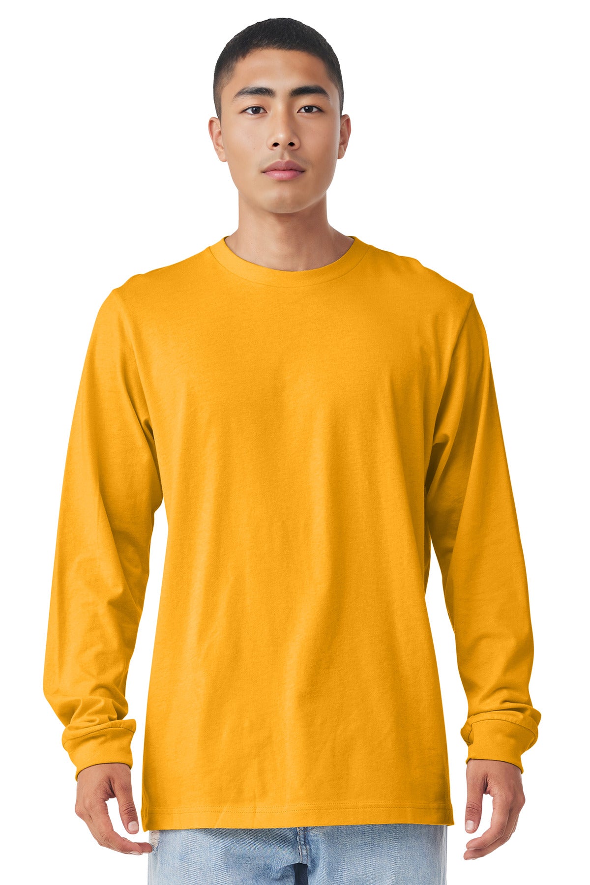 Front View of Gold BELLA+CANVAS Unisex Jersey Long Sleeve Tee. BC3501