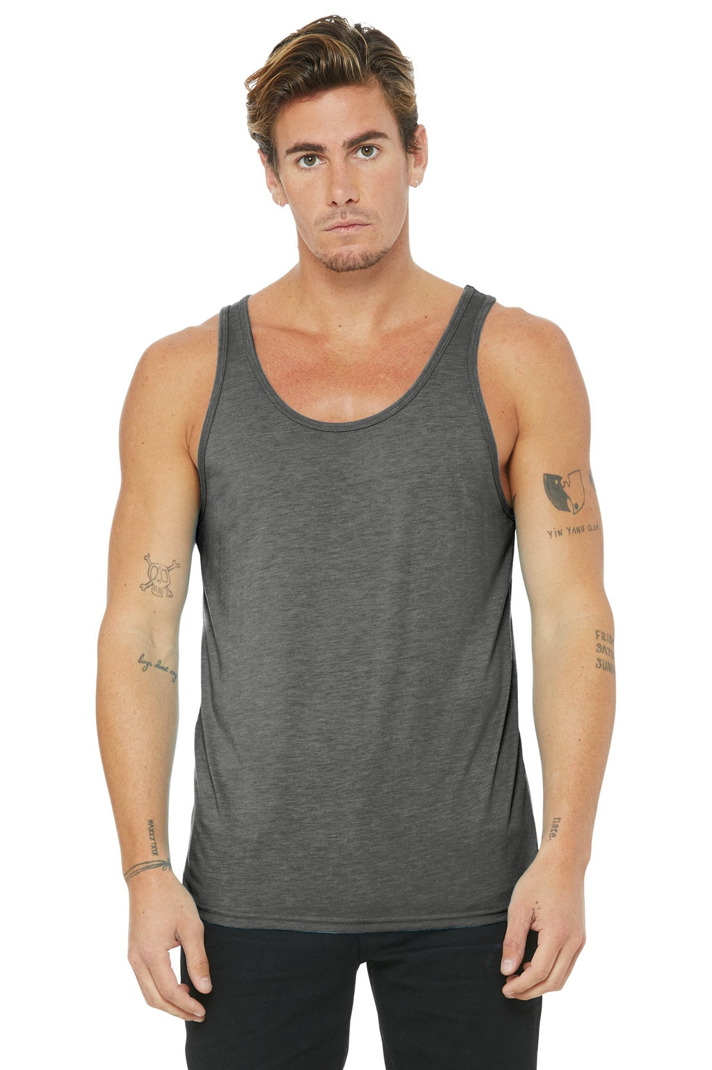Front View of Grey TB BELLA+CANVAS Unisex Jersey Tank. BC3480