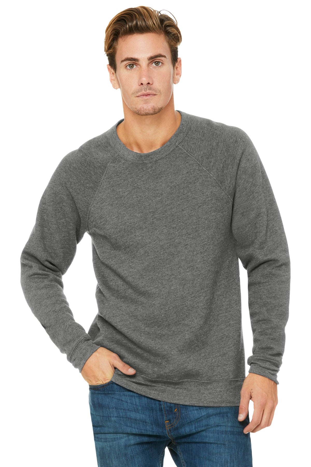 Front View of Grey TB BELLA+CANVAS Unisex Sponge Fleece Raglan Sweatshirt. BC3901