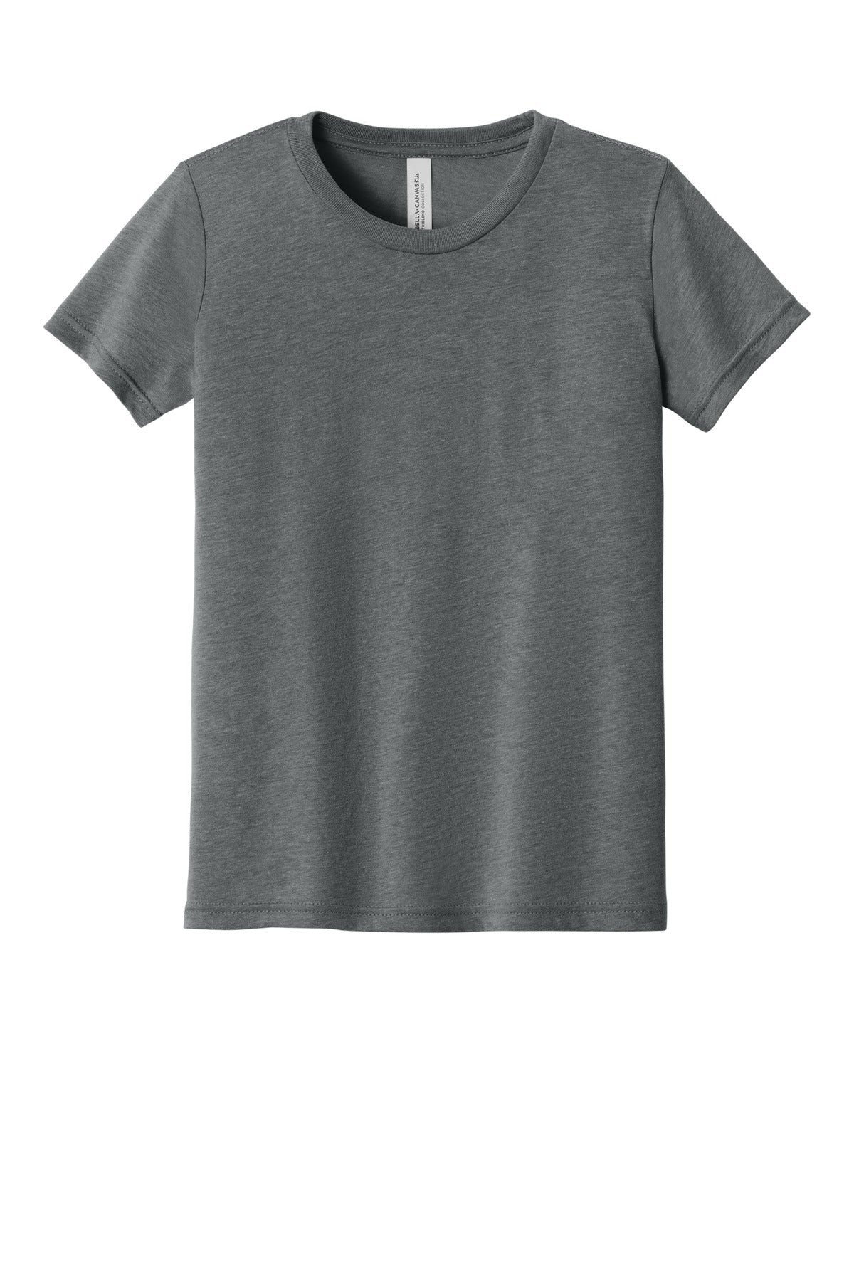 Front View of Grey TB BELLA+CANVAS Youth Triblend Short Sleeve Tee. BC3413Y