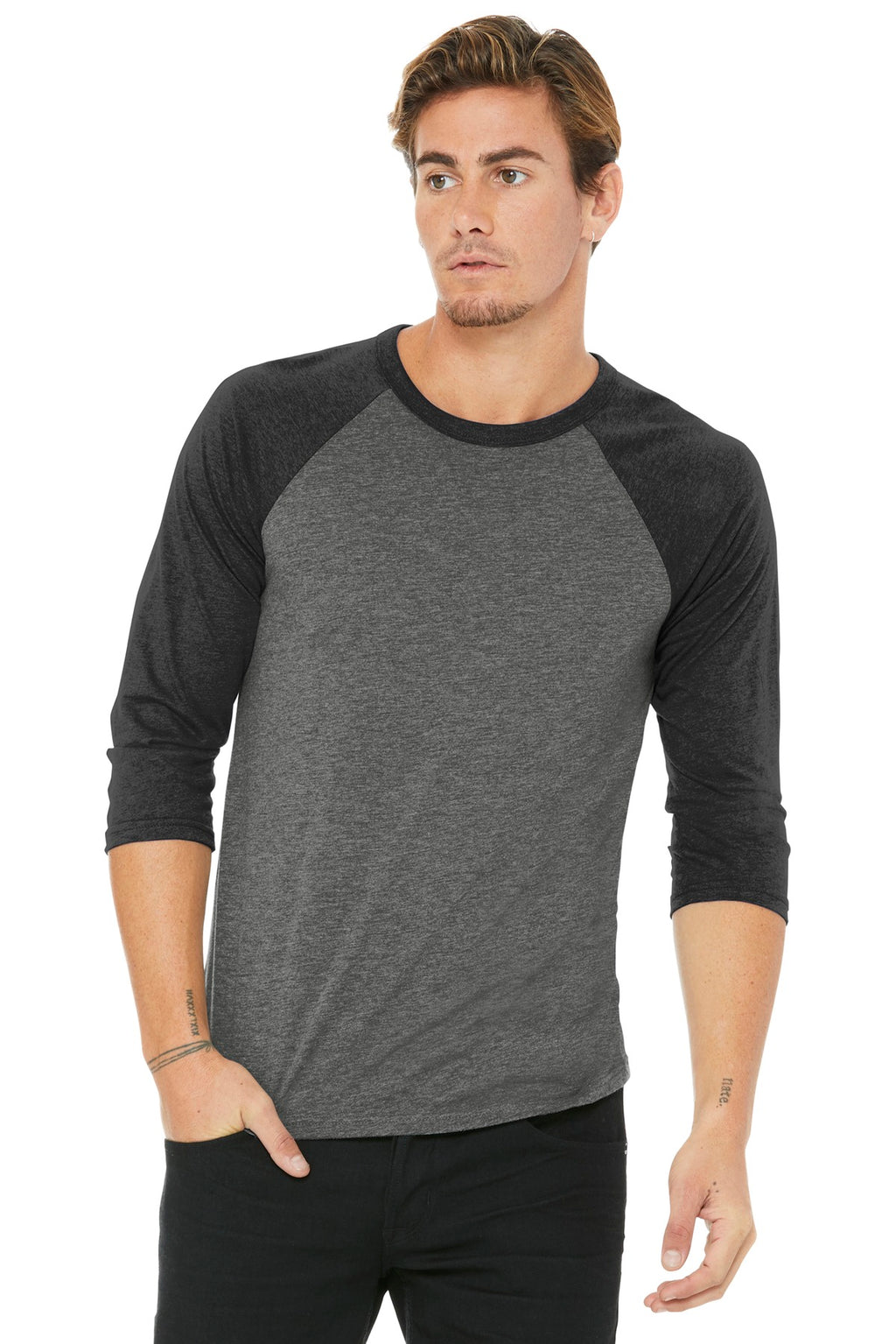 Front View of Grey/CharBk TB BELLA+CANVAS Unisex 3/4-Sleeve Baseball Tee. BC3200