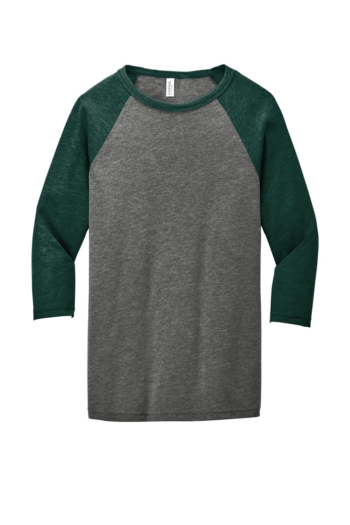 Front View of Grey/Emerld TB BELLA+CANVAS Unisex 3/4-Sleeve Baseball Tee. BC3200