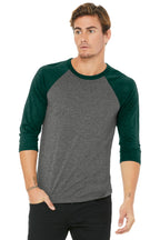 Front View of Grey/Emerld TB BELLA+CANVAS Unisex 3/4-Sleeve Baseball Tee. BC3200
